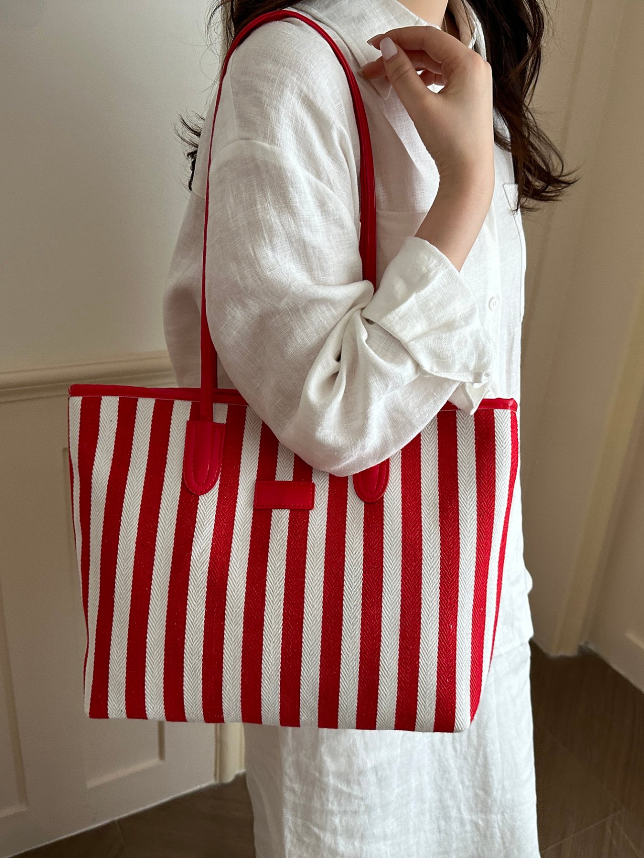 Red Striped Tote Bag with Handles