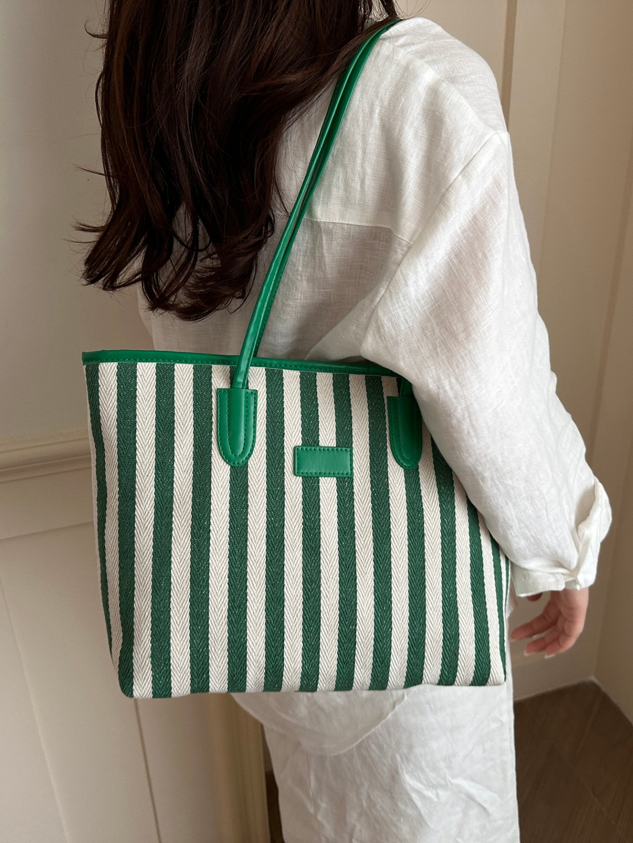 Green Striped Tote Bag with Handles