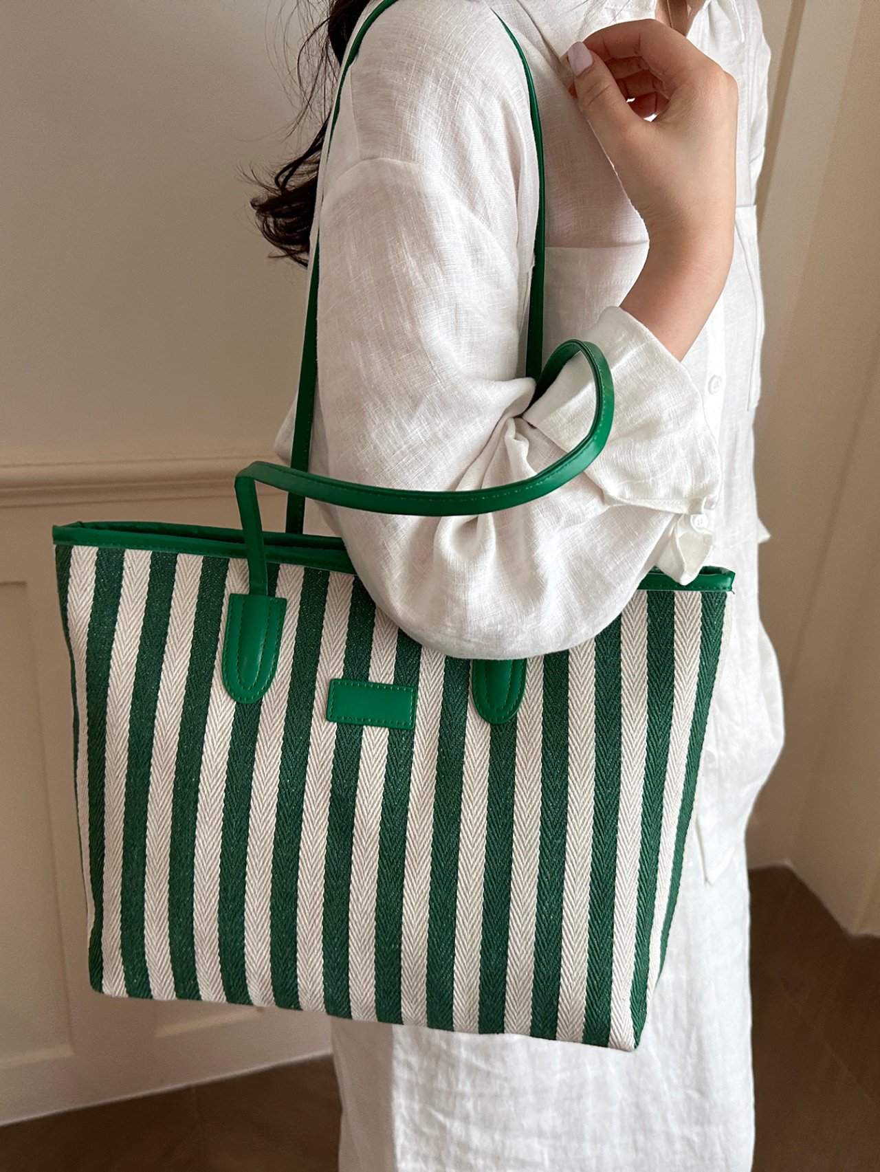 Green Striped Tote Bag with Handles