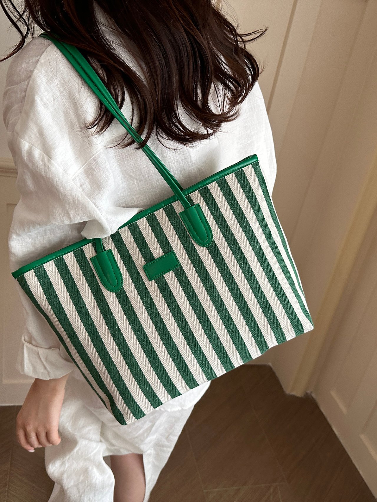 Green Striped Tote Bag with Handles