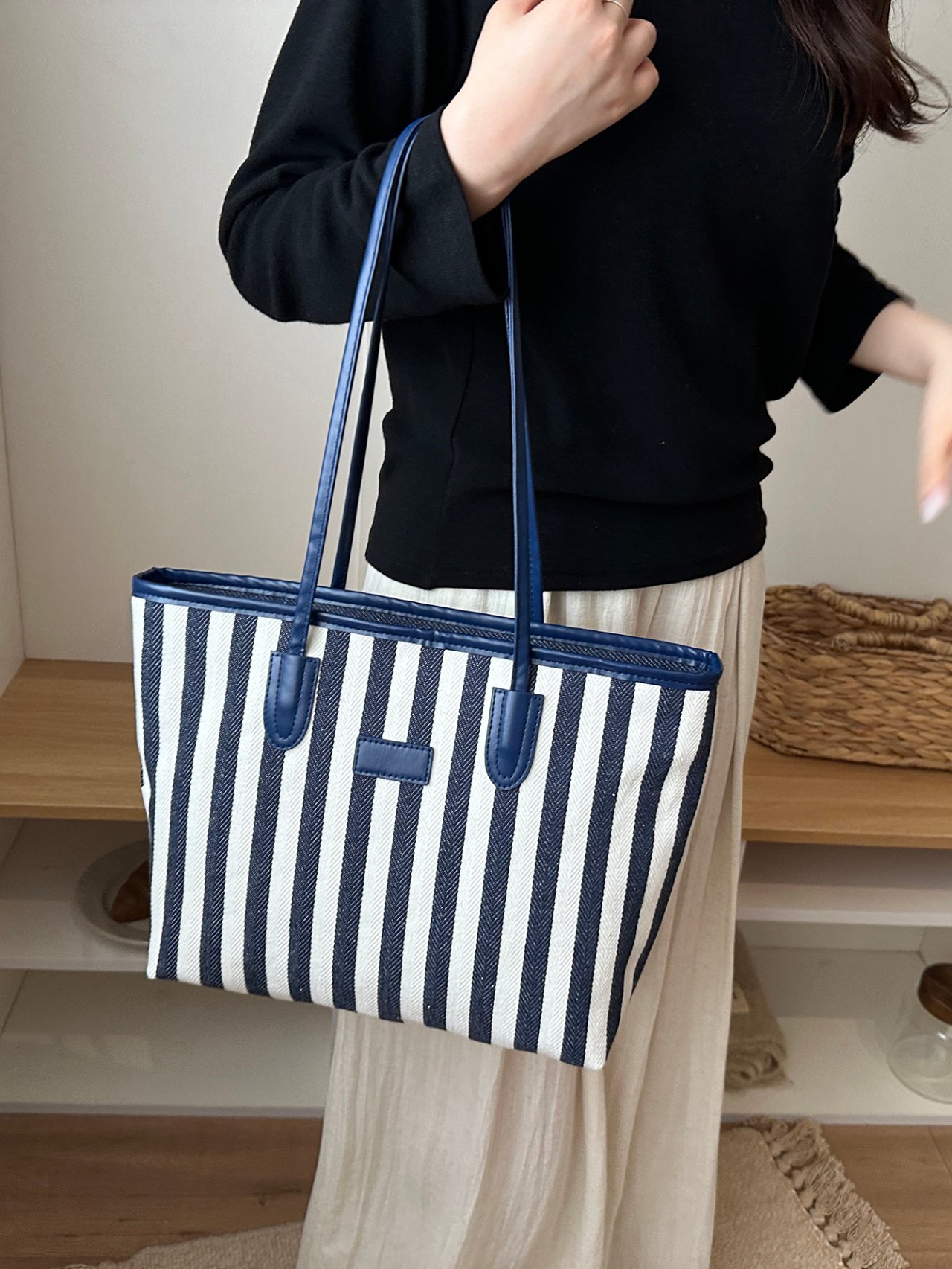 Blue Striped Tote Bag with Handles