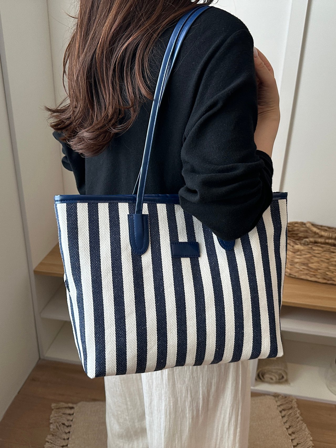 Blue Striped Tote Bag with Handles