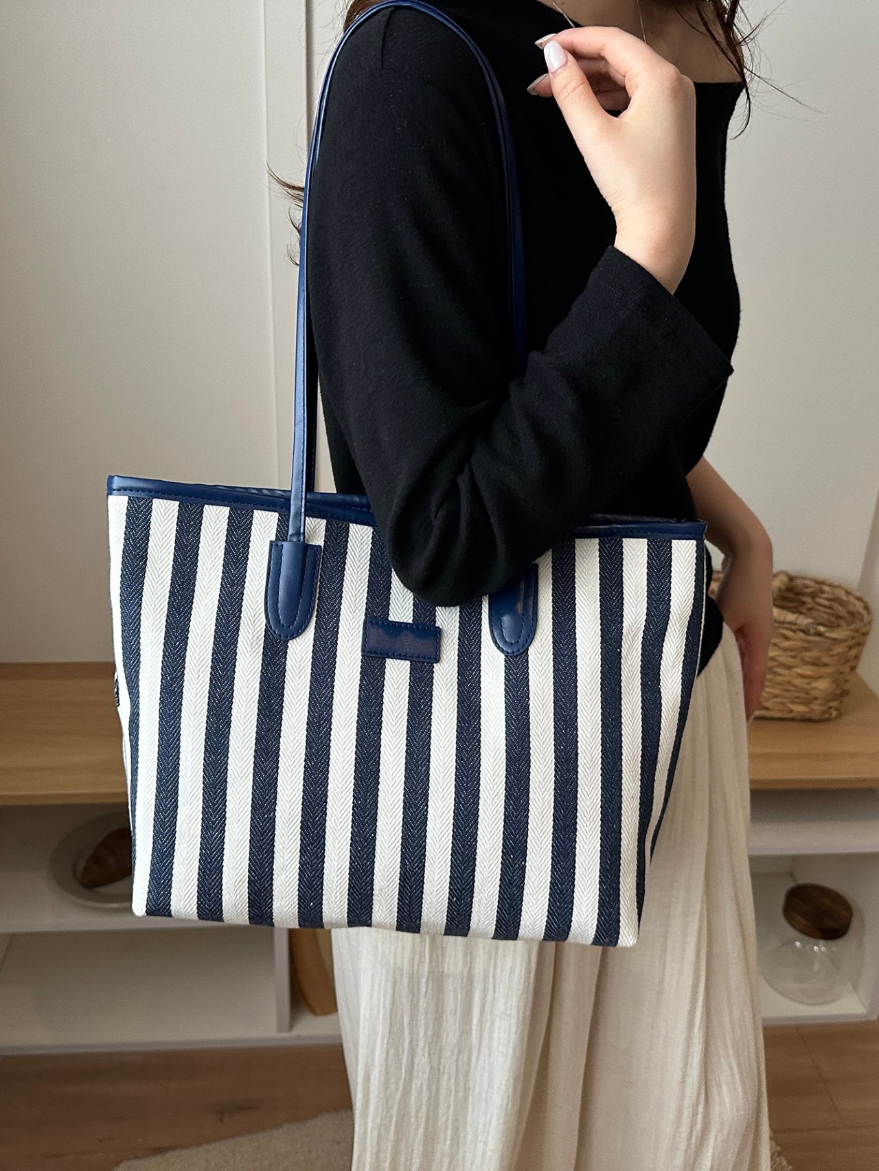 Blue Striped Tote Bag with Handles