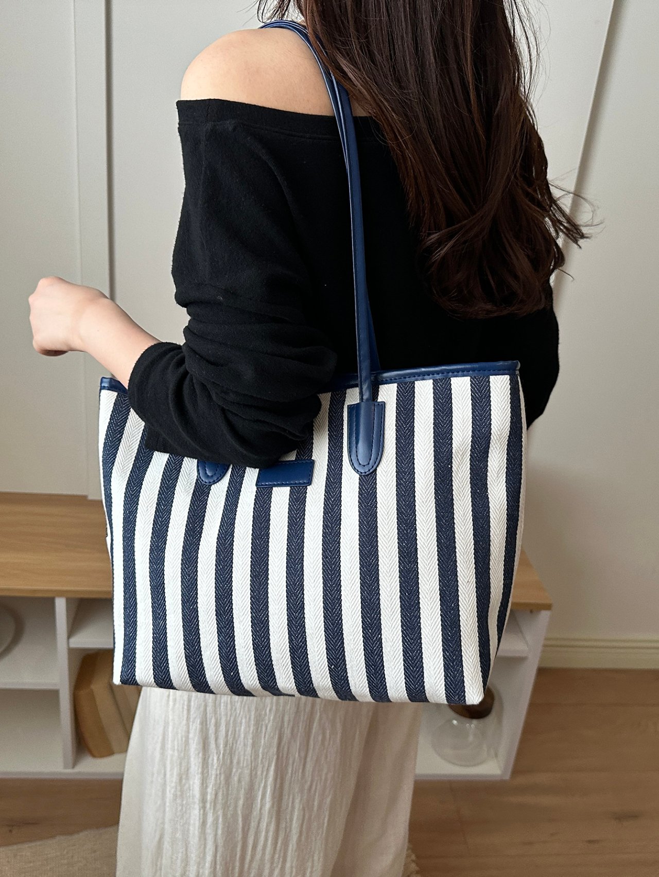 Blue Striped Tote Bag with Handles