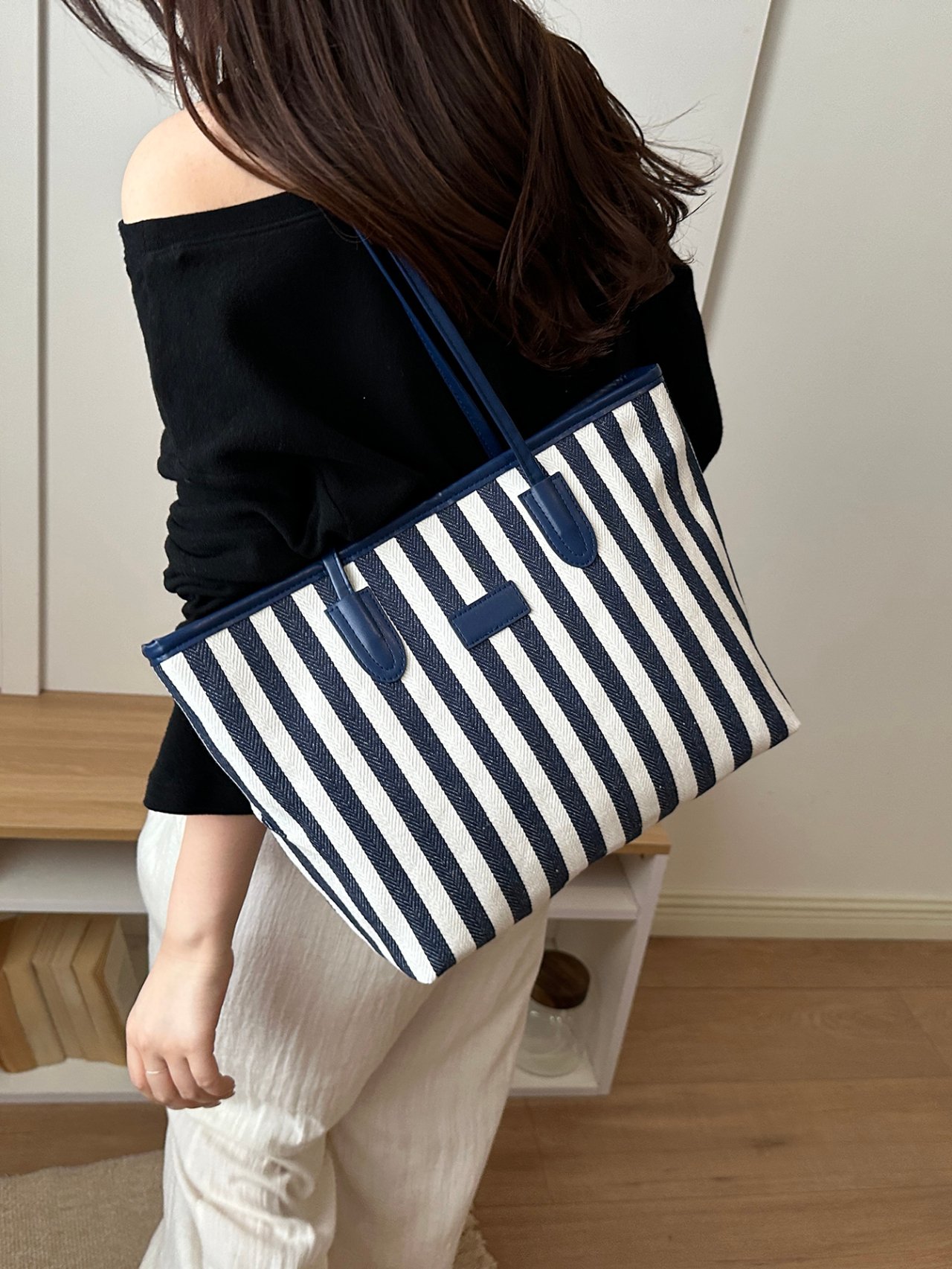 Blue Striped Tote Bag with Handles