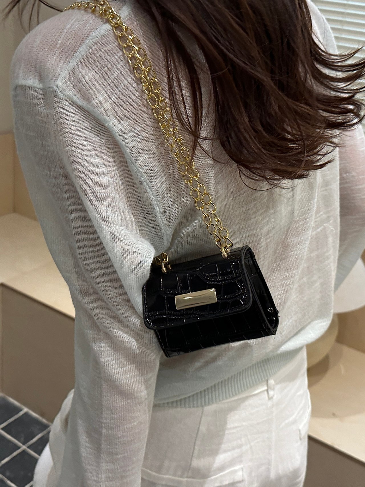 Black Croc-Embossed Mini Crossbody Bag with Gold Chain