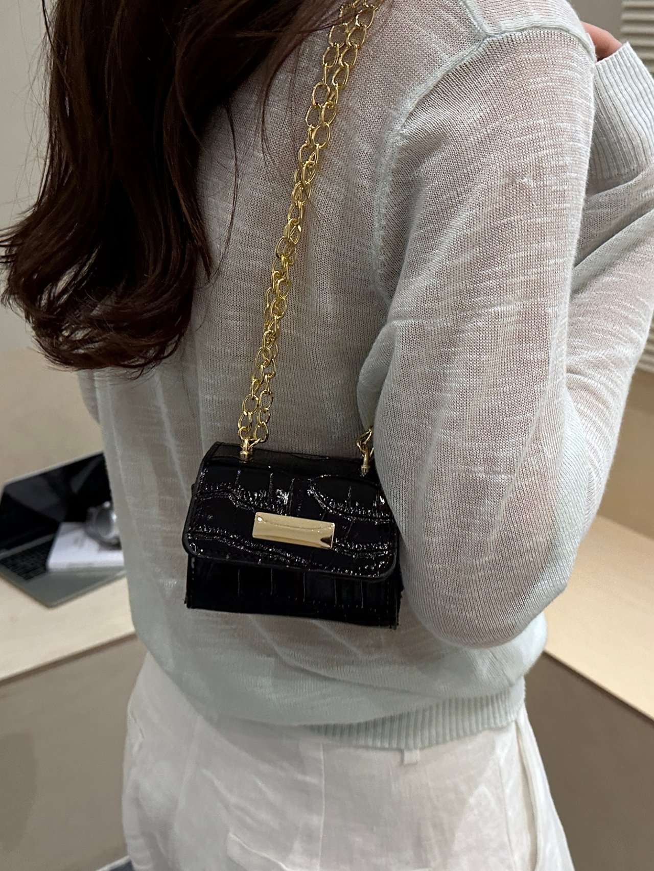 Black Croc-Embossed Mini Crossbody Bag with Gold Chain