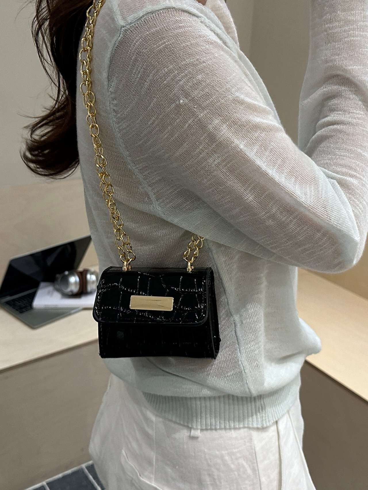 Black Croc-Embossed Mini Crossbody Bag with Gold Chain