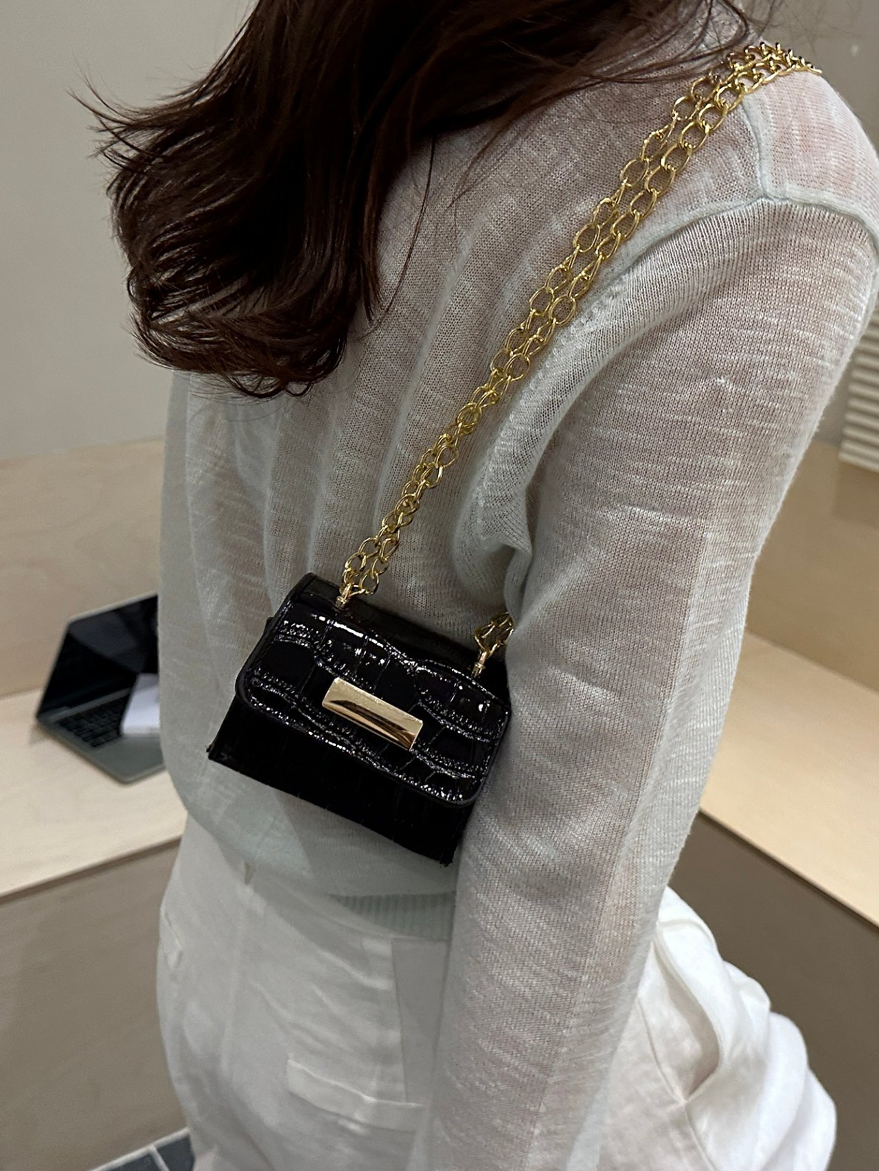 Black Croc-Embossed Mini Crossbody Bag with Gold Chain