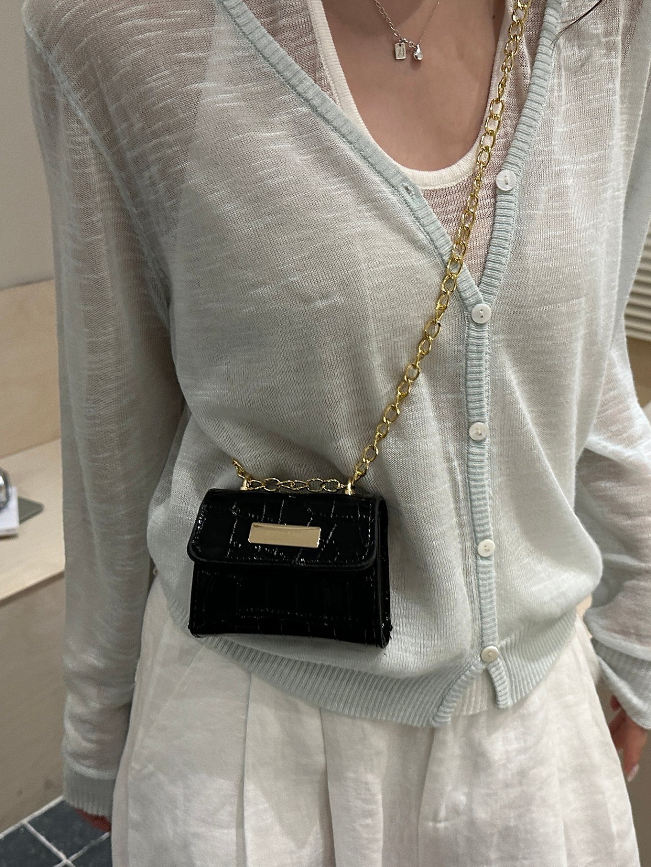 Black Croc-Embossed Mini Crossbody Bag with Gold Chain