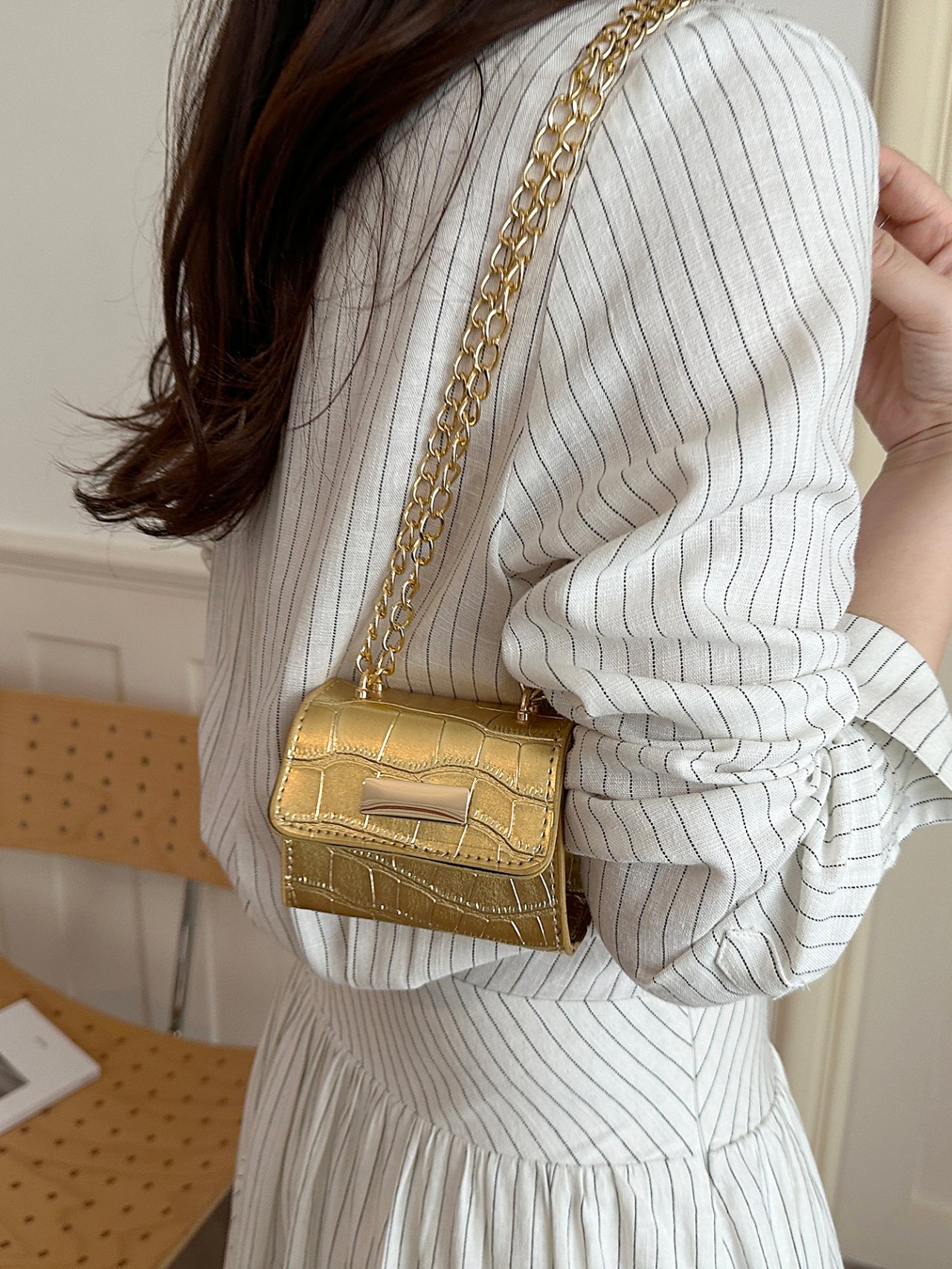 Gold Croc-Embossed Mini Crossbody Bag