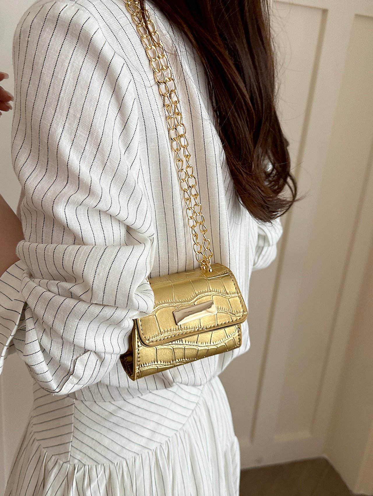 Gold Croc-Embossed Mini Crossbody Bag