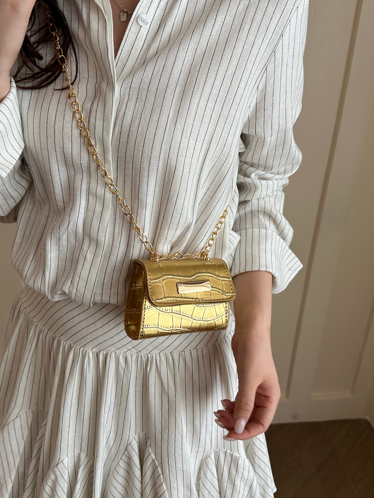 Gold Croc-Embossed Mini Crossbody Bag