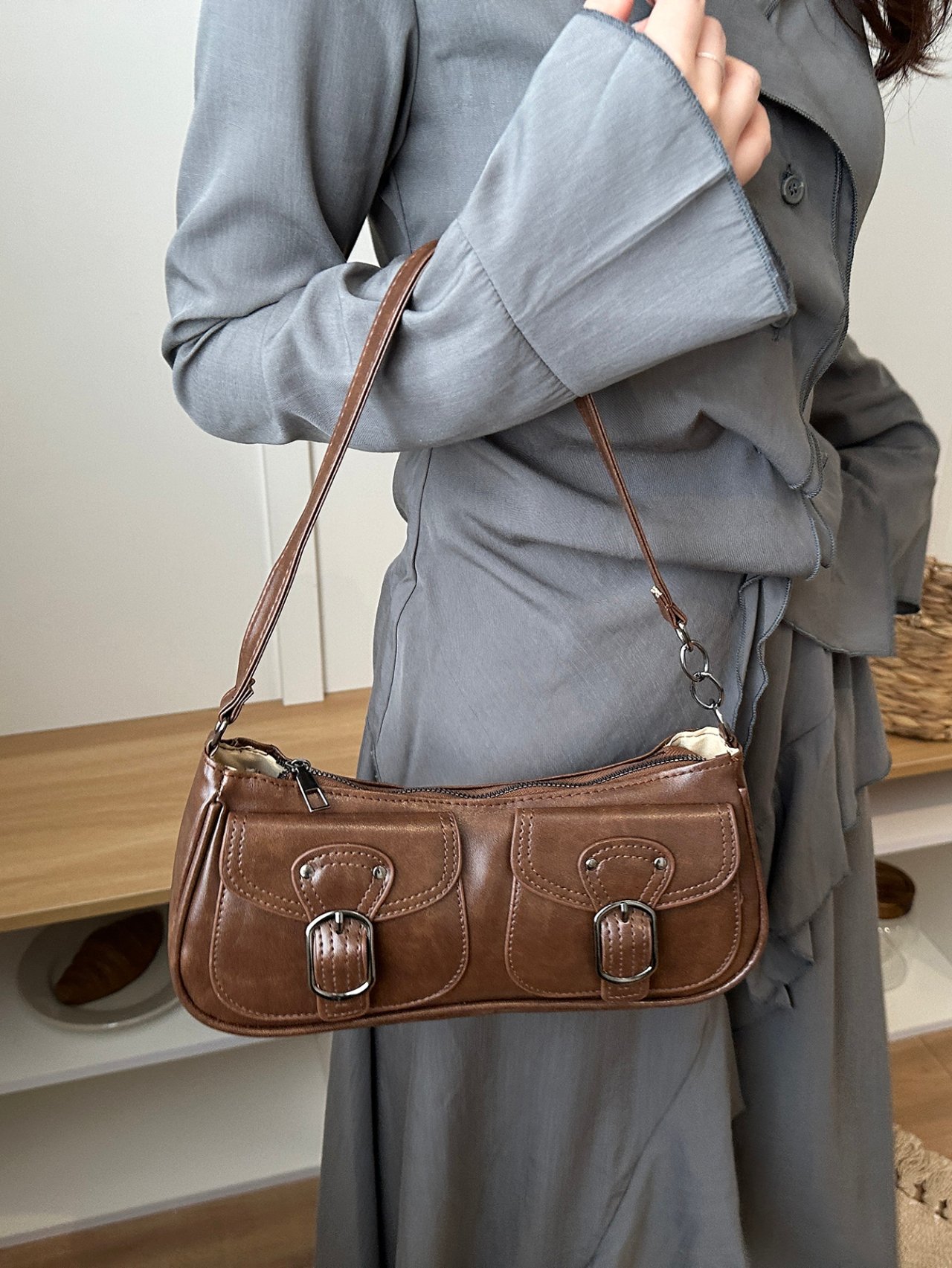 Brown Shoulder Bag with Buckle Detail