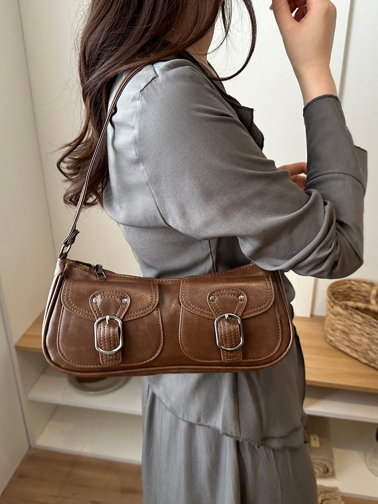 Brown Shoulder Bag with Buckle Detail