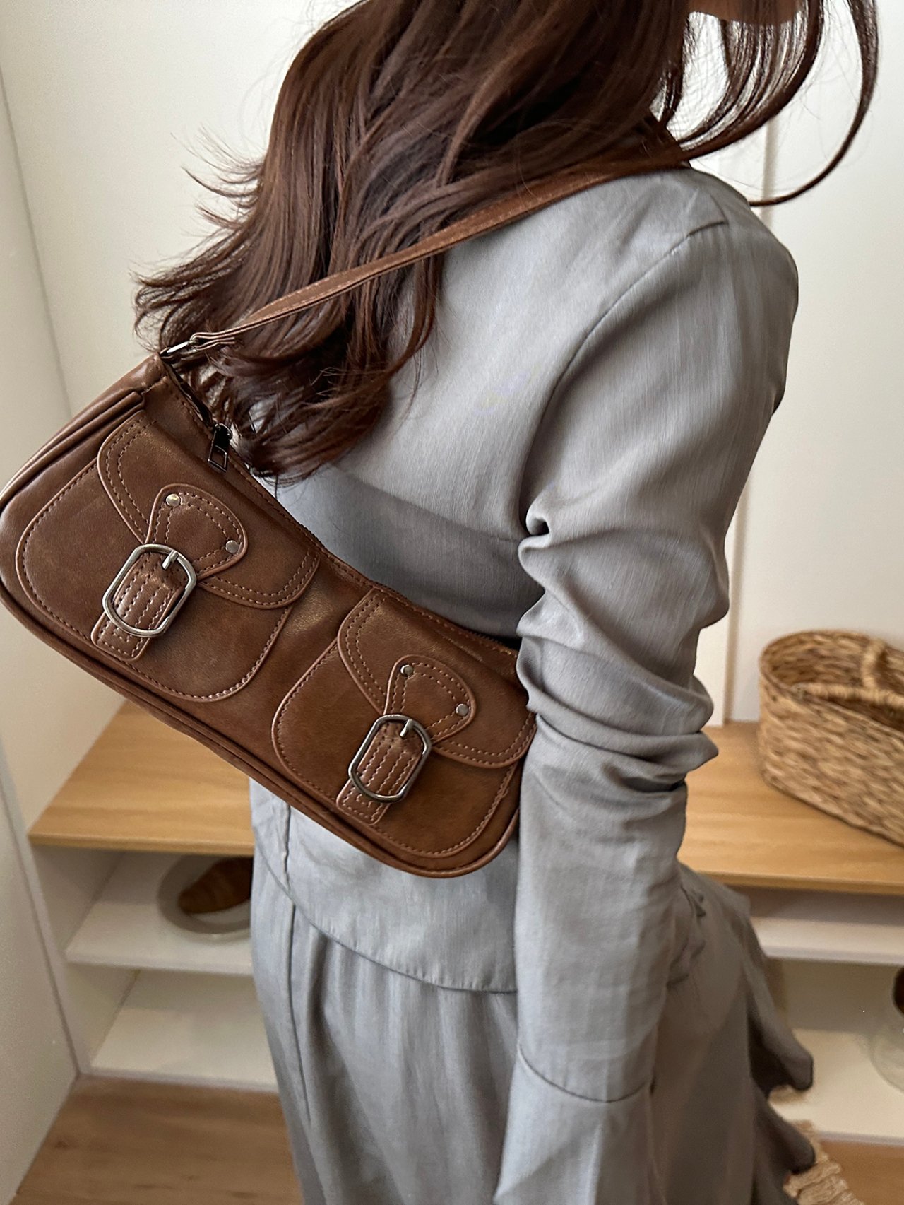 Brown Shoulder Bag with Buckle Detail