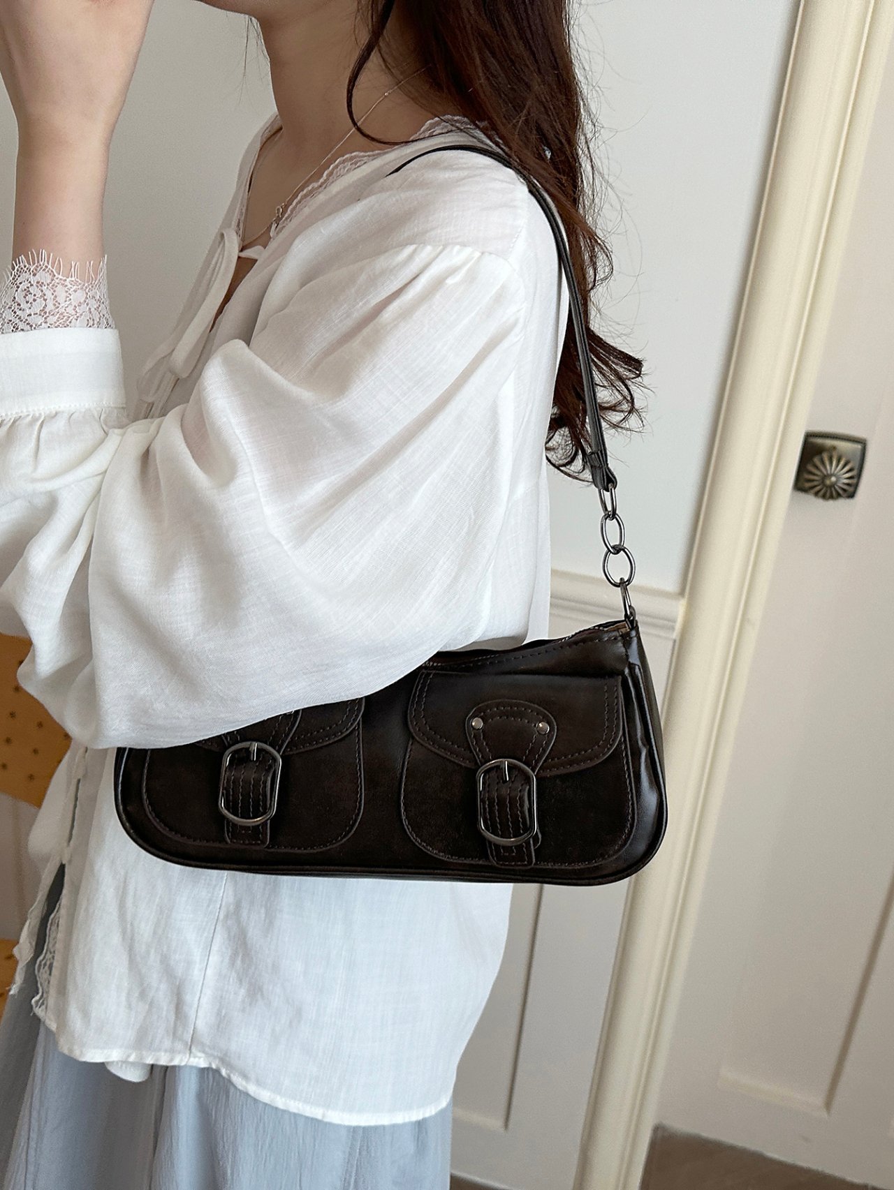 Coffee Brown Flap Pocket Shoulder Bag