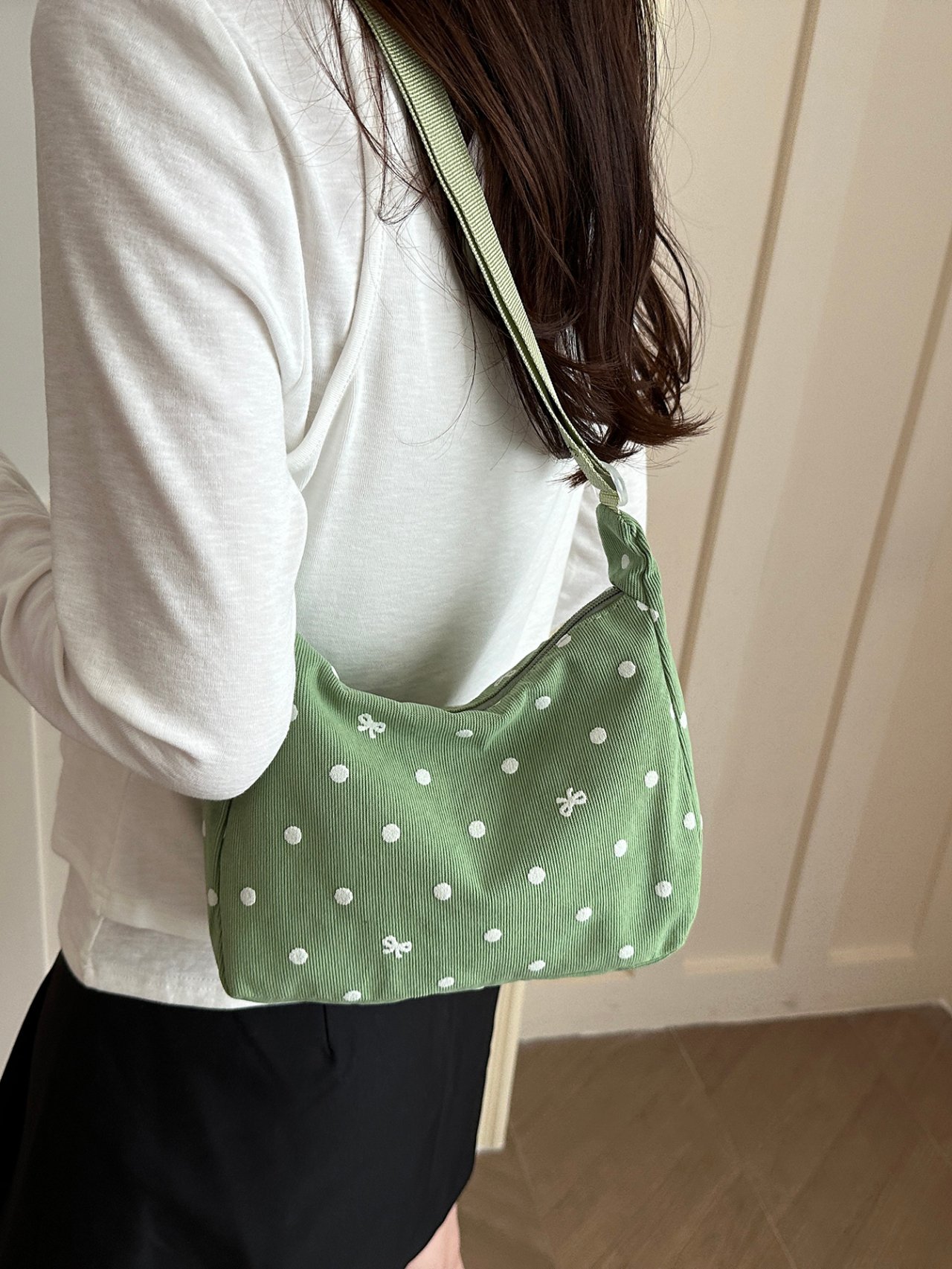 Green Polka Dot Crossbody Bag with Bow Detail