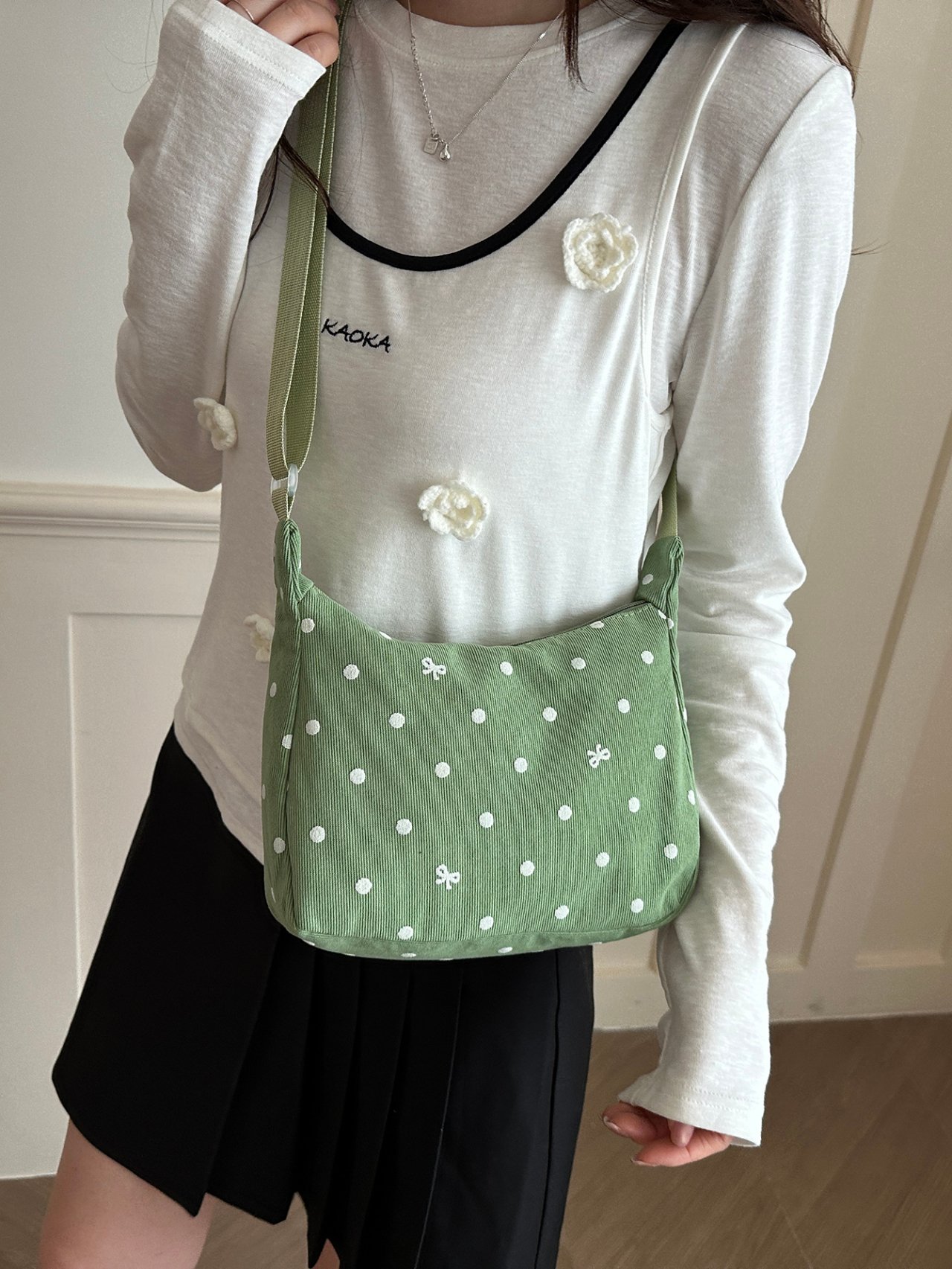 Green Polka Dot Crossbody Bag with Bow Detail