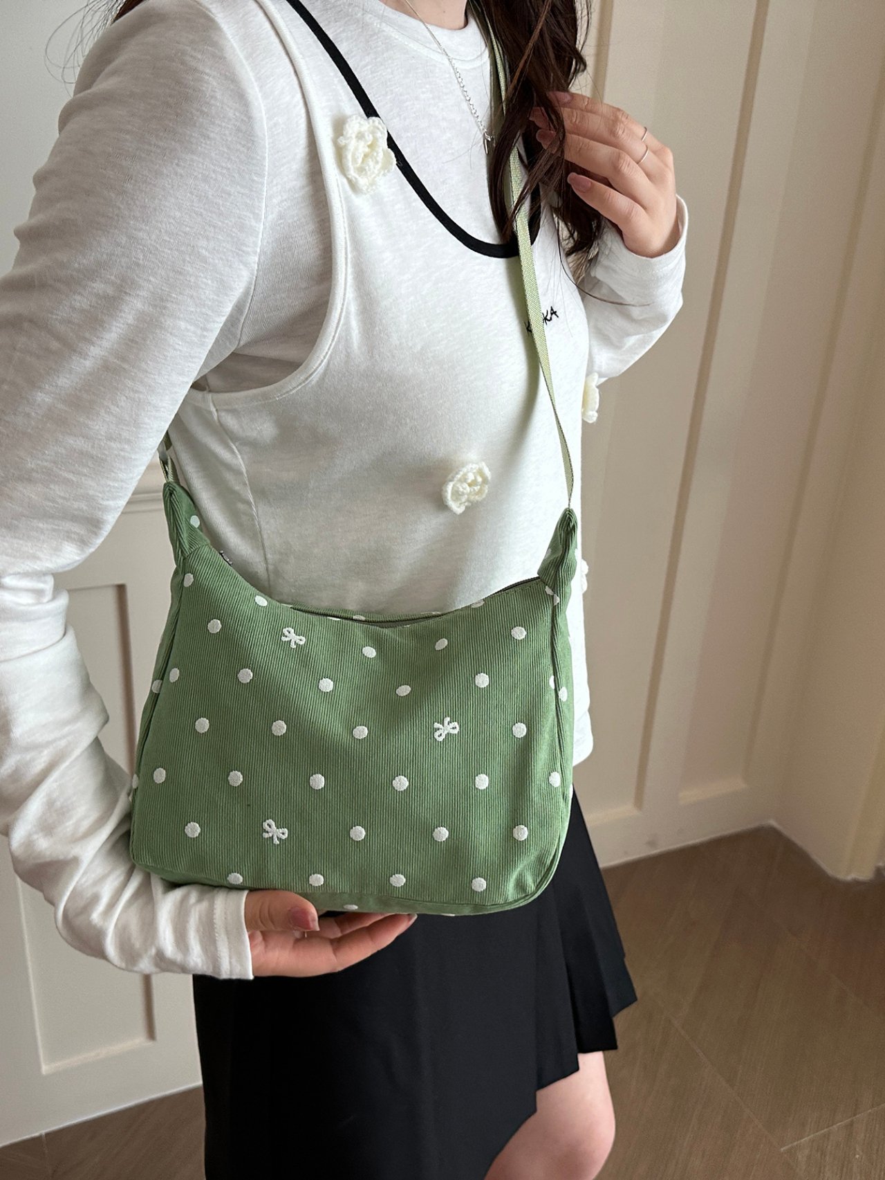 Green Polka Dot Crossbody Bag with Bow Detail