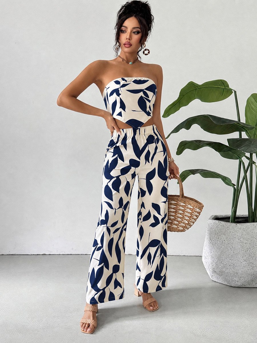 Off-White Leaf Print Bandeau Top and Pants Co-Ord Set