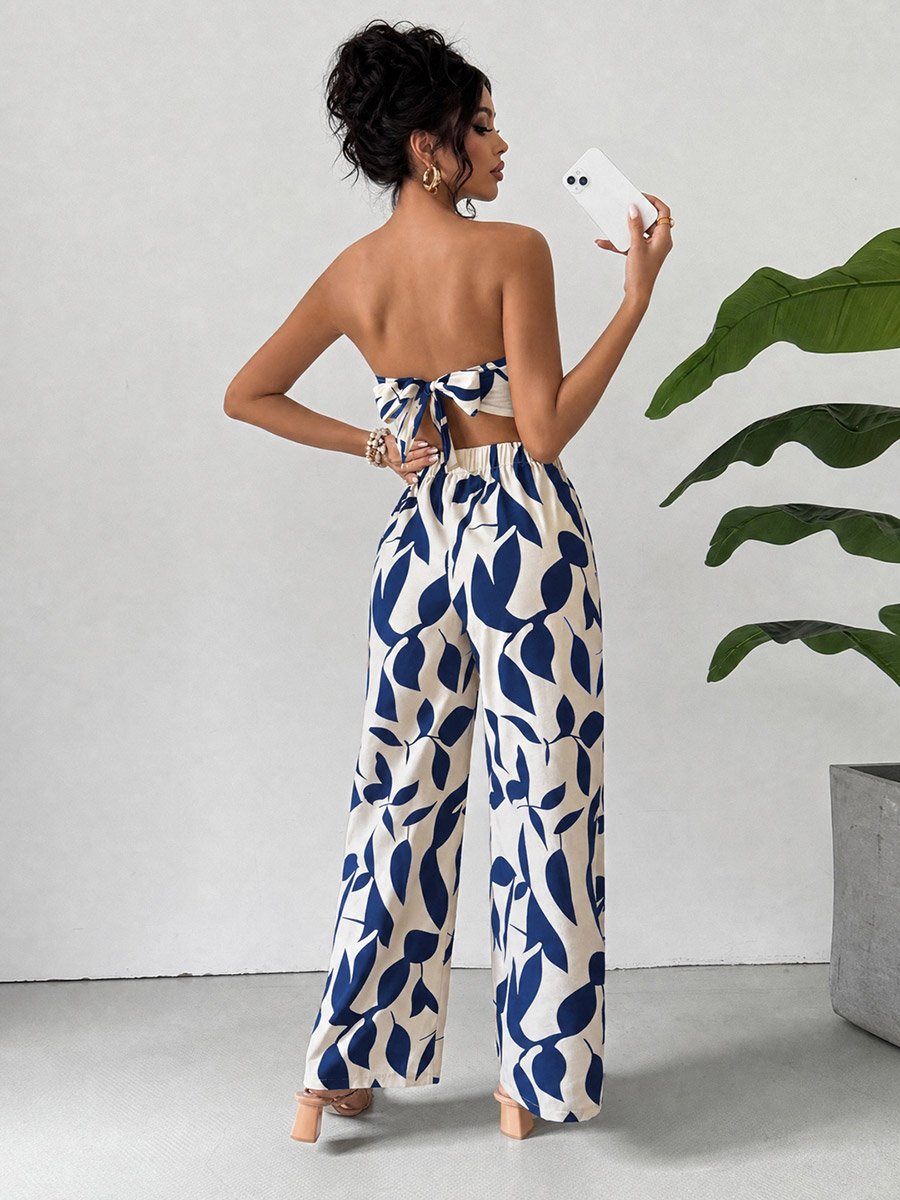 Off-White Leaf Print Bandeau Top and Pants Co-Ord Set