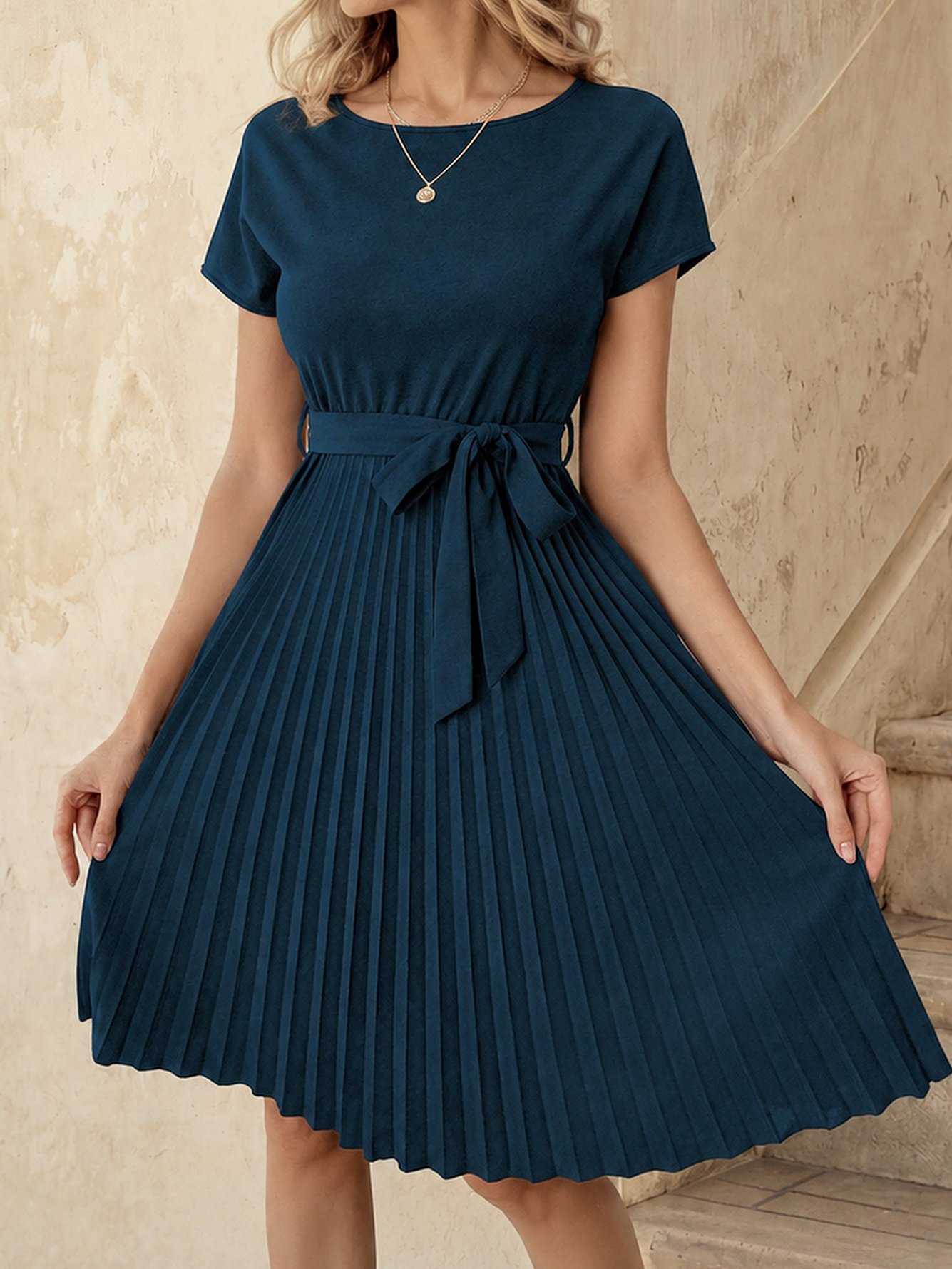 Turquoise Plain A-Line Pleated Knee-Length Dress with Tie-Waist