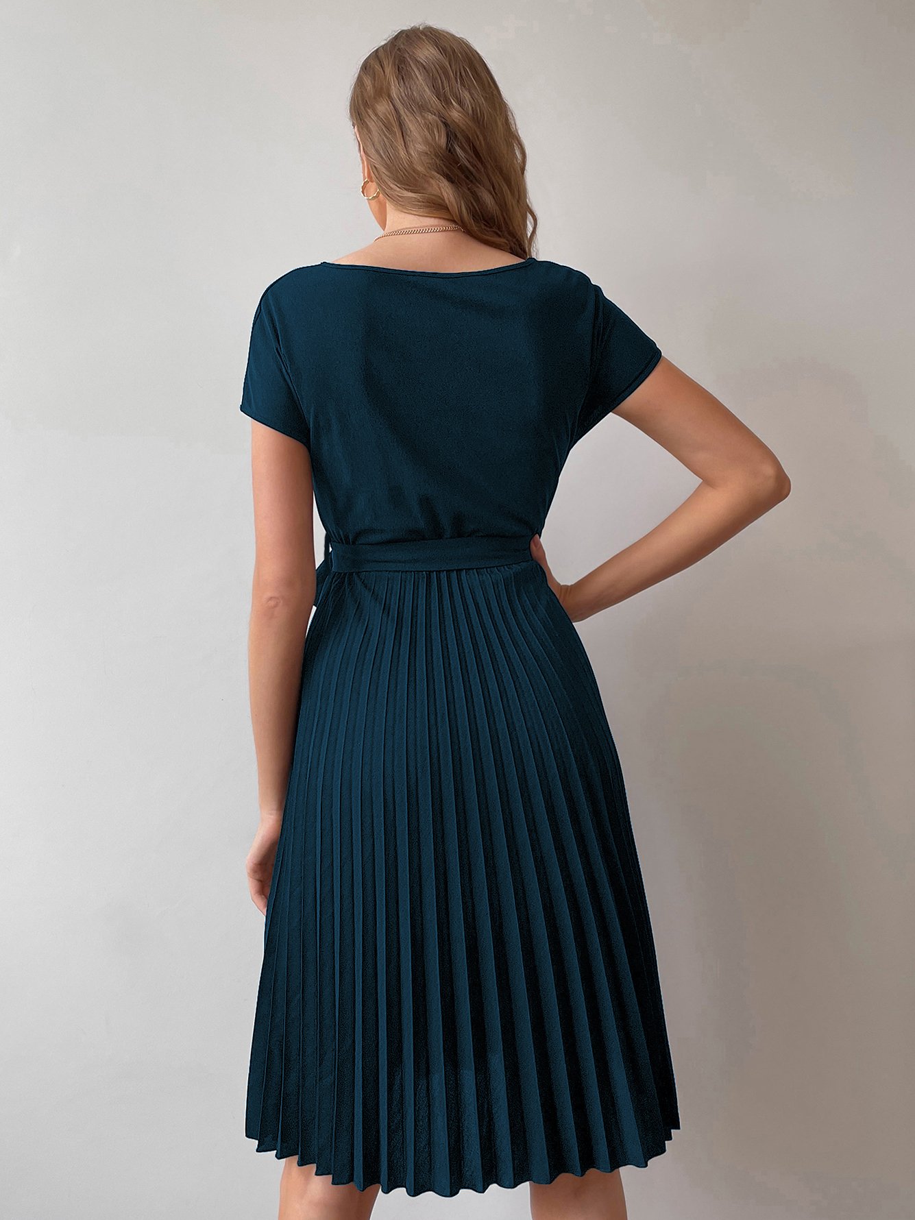 Turquoise Plain A-Line Pleated Knee-Length Dress with Tie-Waist