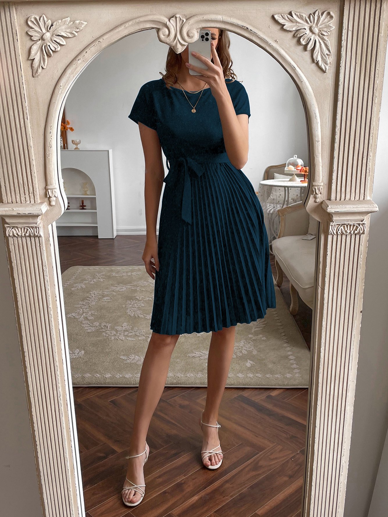 Turquoise Plain A-Line Pleated Knee-Length Dress with Tie-Waist