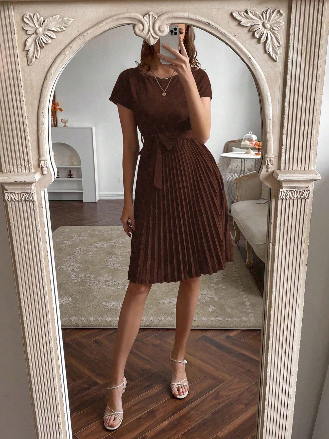 Coffee Brown A-Line Pleated Midi Dress with Short Sleeves