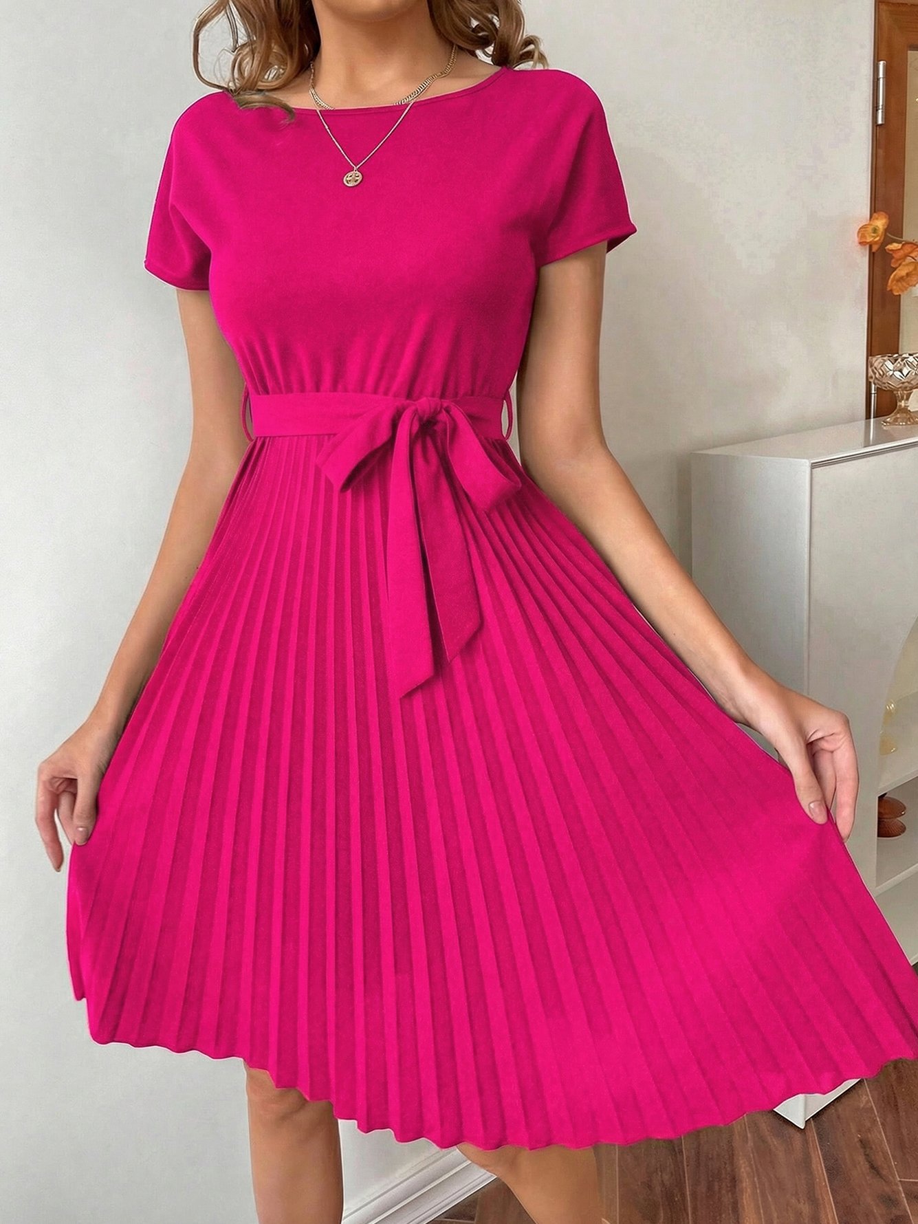 Neon Pink A-Line Pleated Knee-Length Dress with Short Sleeves