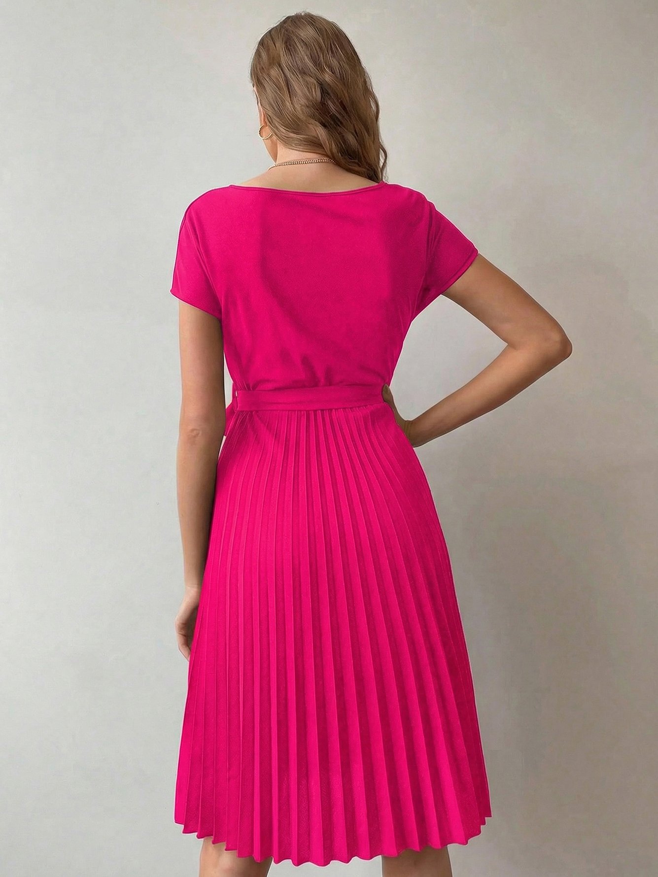 Neon Pink A-Line Pleated Knee-Length Dress with Short Sleeves