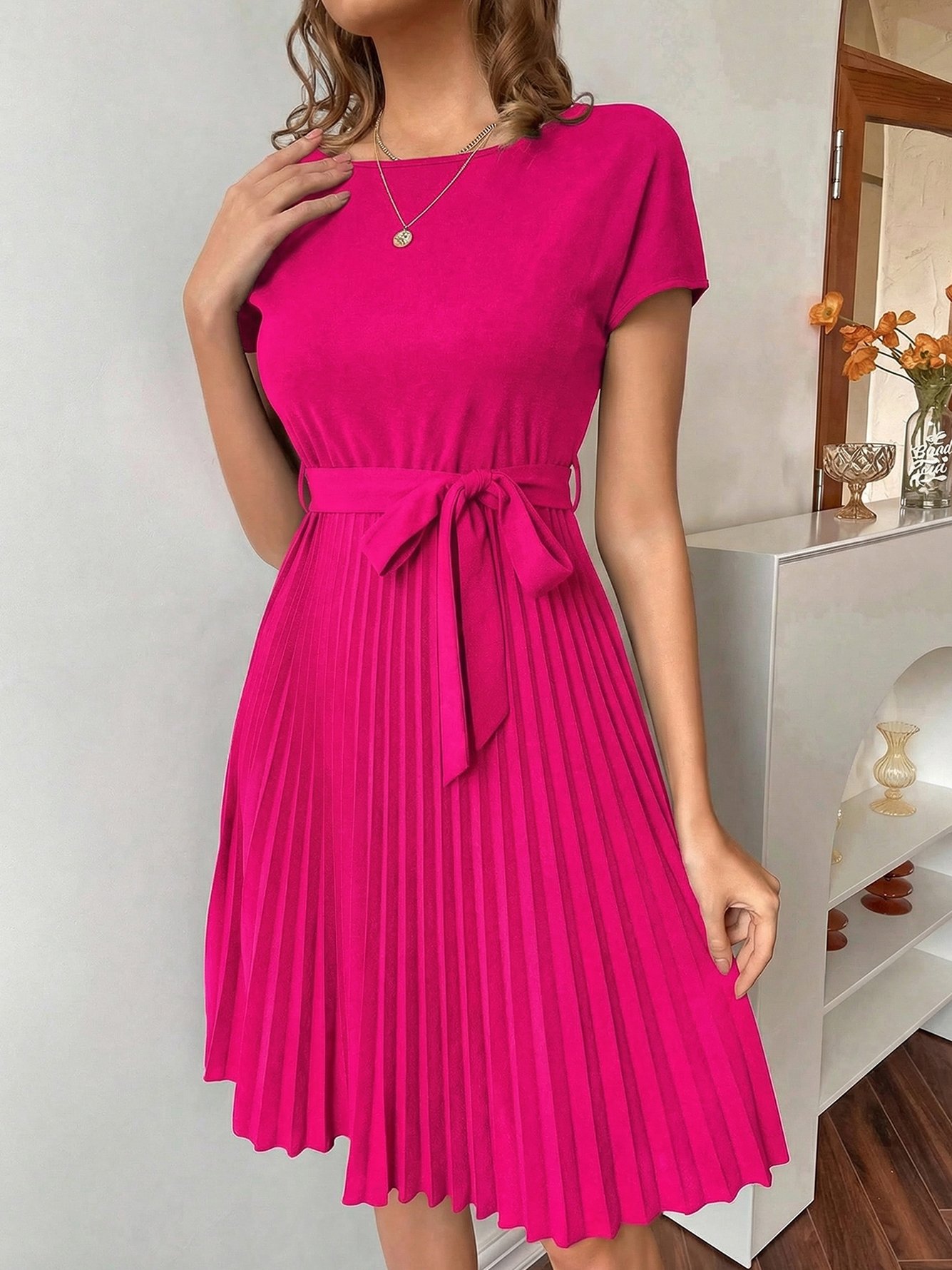 Neon Pink A-Line Pleated Knee-Length Dress with Short Sleeves
