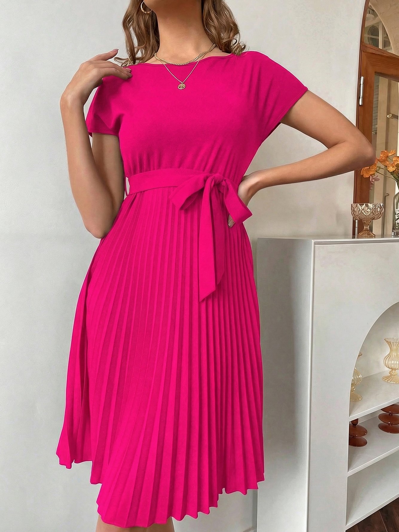 Neon Pink A-Line Pleated Knee-Length Dress with Short Sleeves