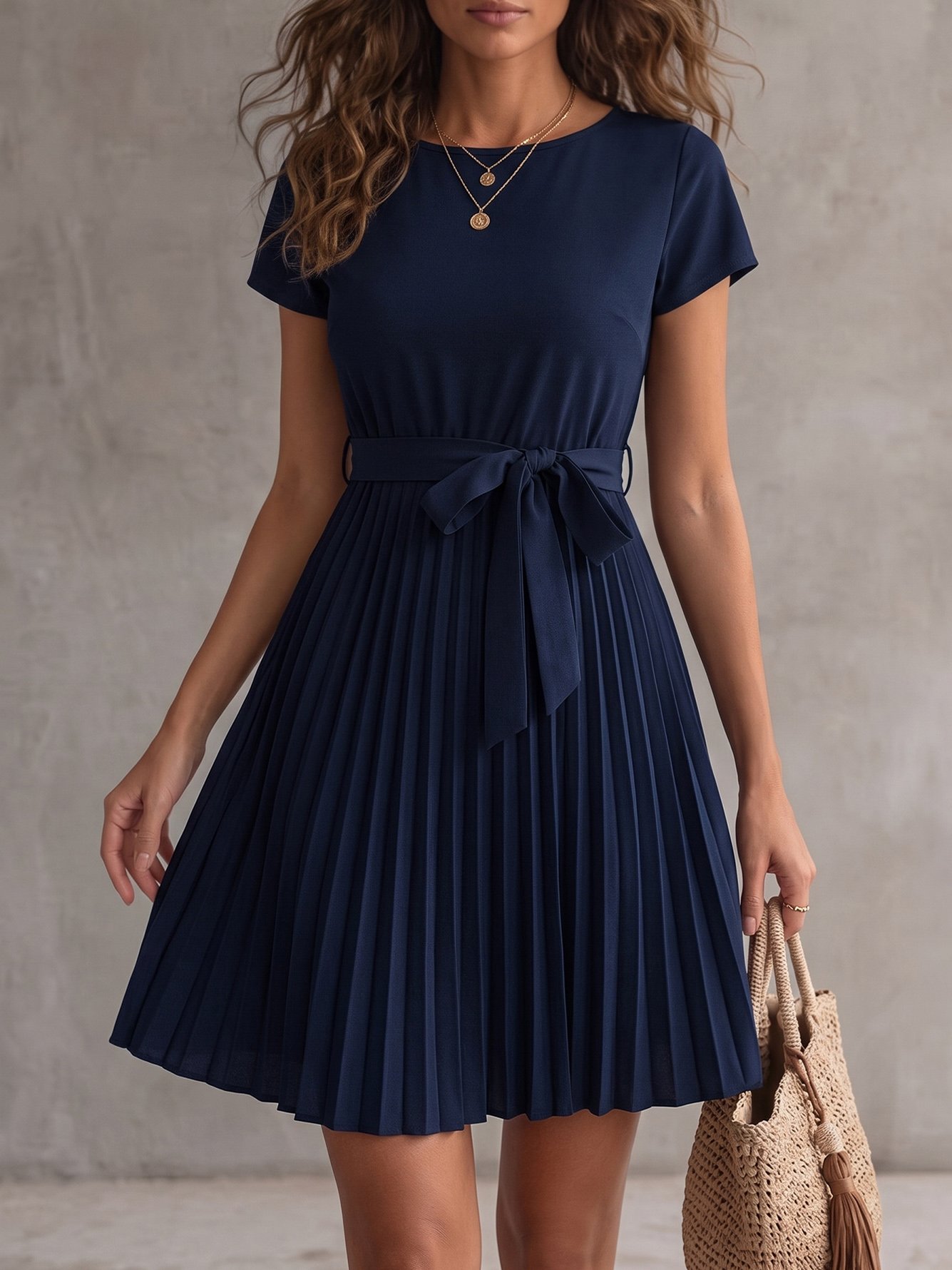 Dark Blue A-Line Pleated Knee-Length Dress with Belt