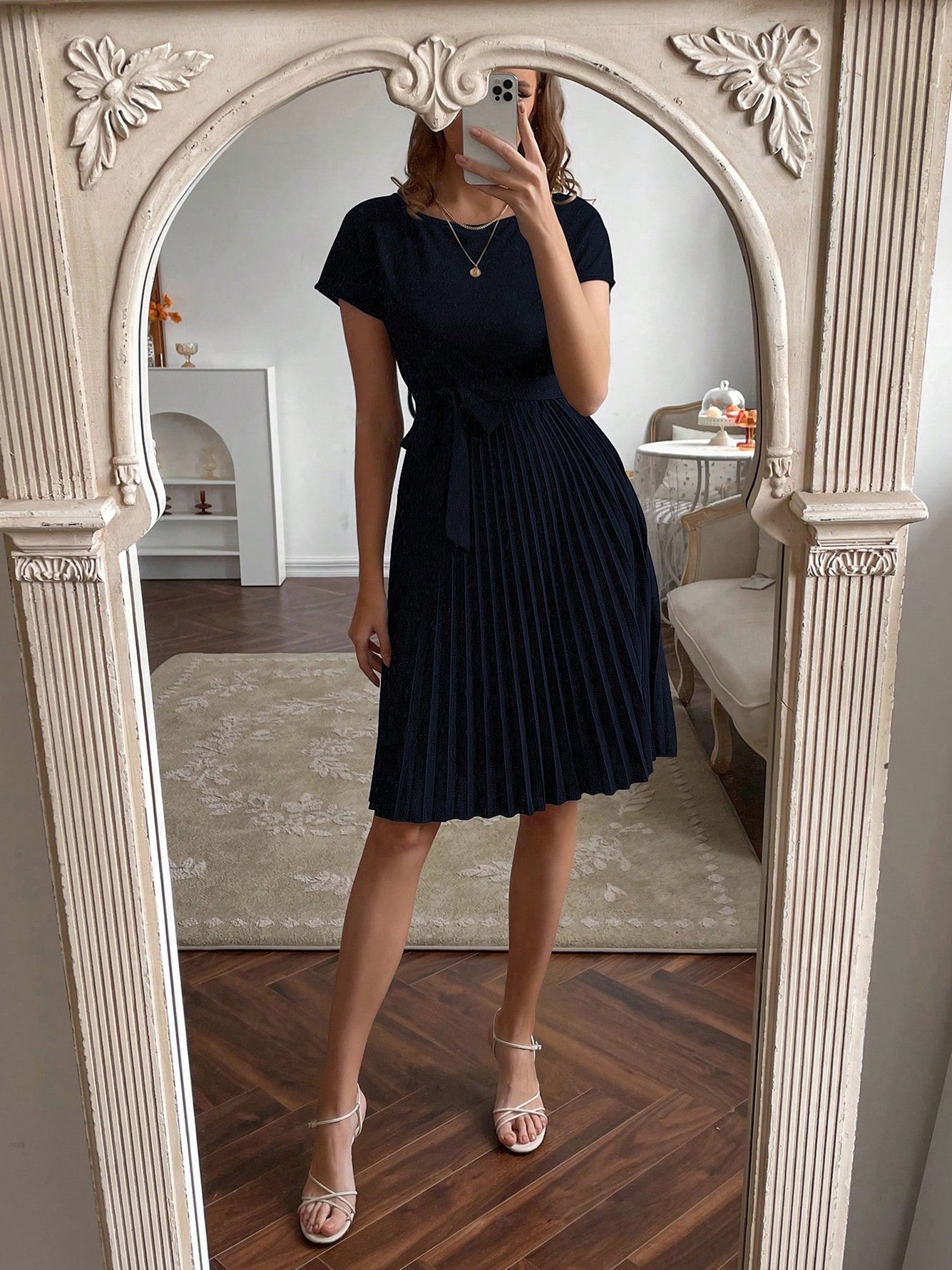 Dark Blue A-Line Pleated Knee-Length Dress with Belt
