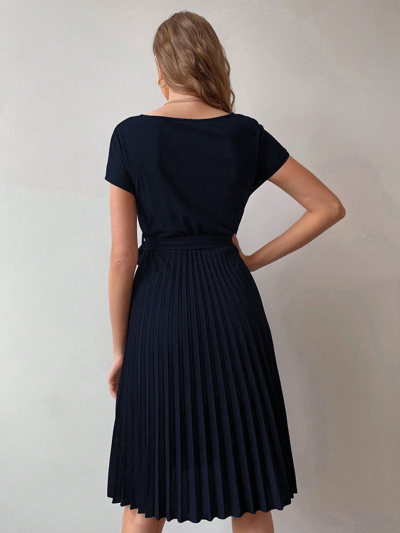 Dark Blue A-Line Pleated Knee-Length Dress with Belt