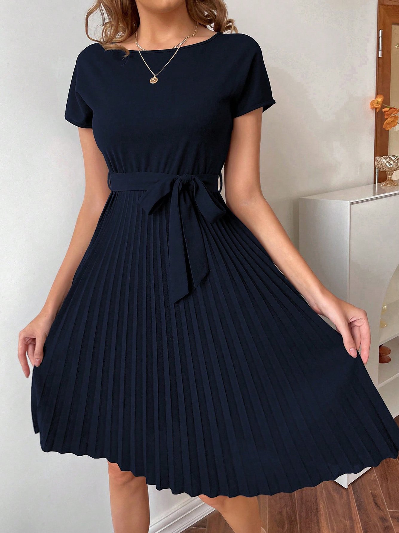 Dark Blue A-Line Pleated Knee-Length Dress with Belt