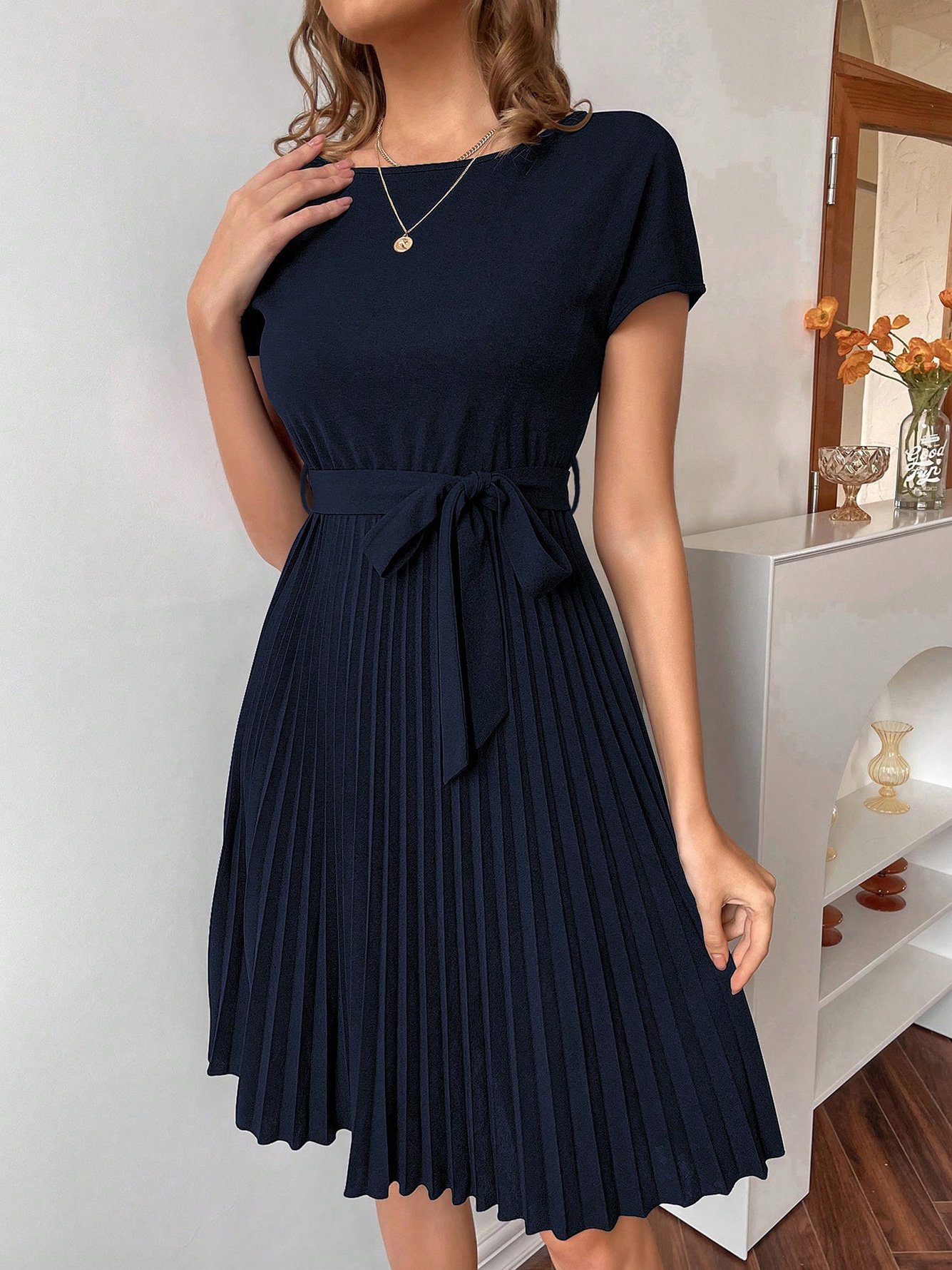 Dark Blue A-Line Pleated Knee-Length Dress with Belt