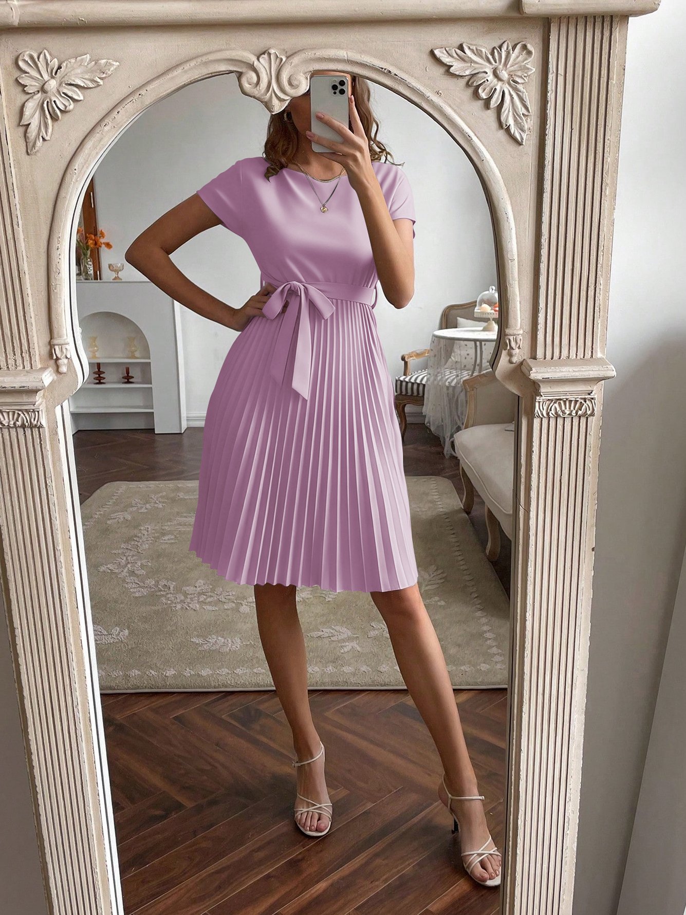 Lilac Short Sleeve A-Line Pleated Knee Length Dress