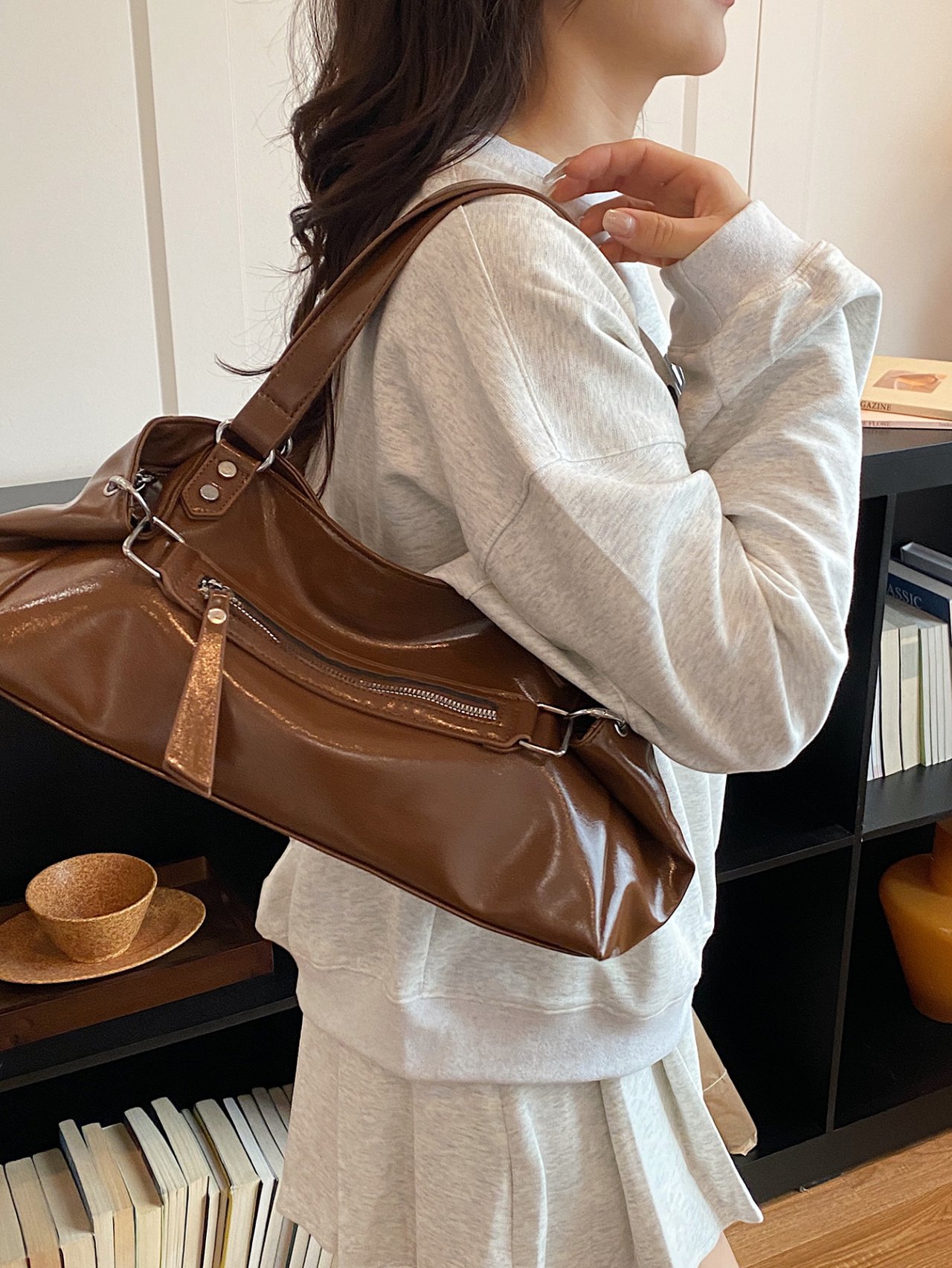 Brown Patent Leather Crossbody Bag