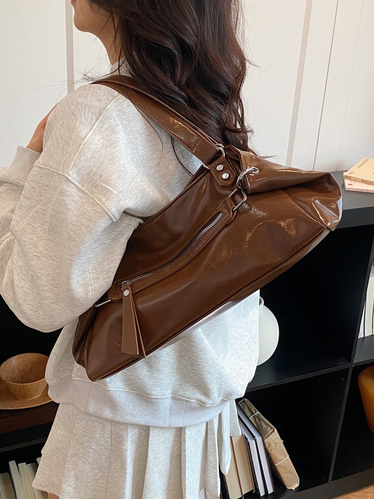 Brown Patent Leather Crossbody Bag