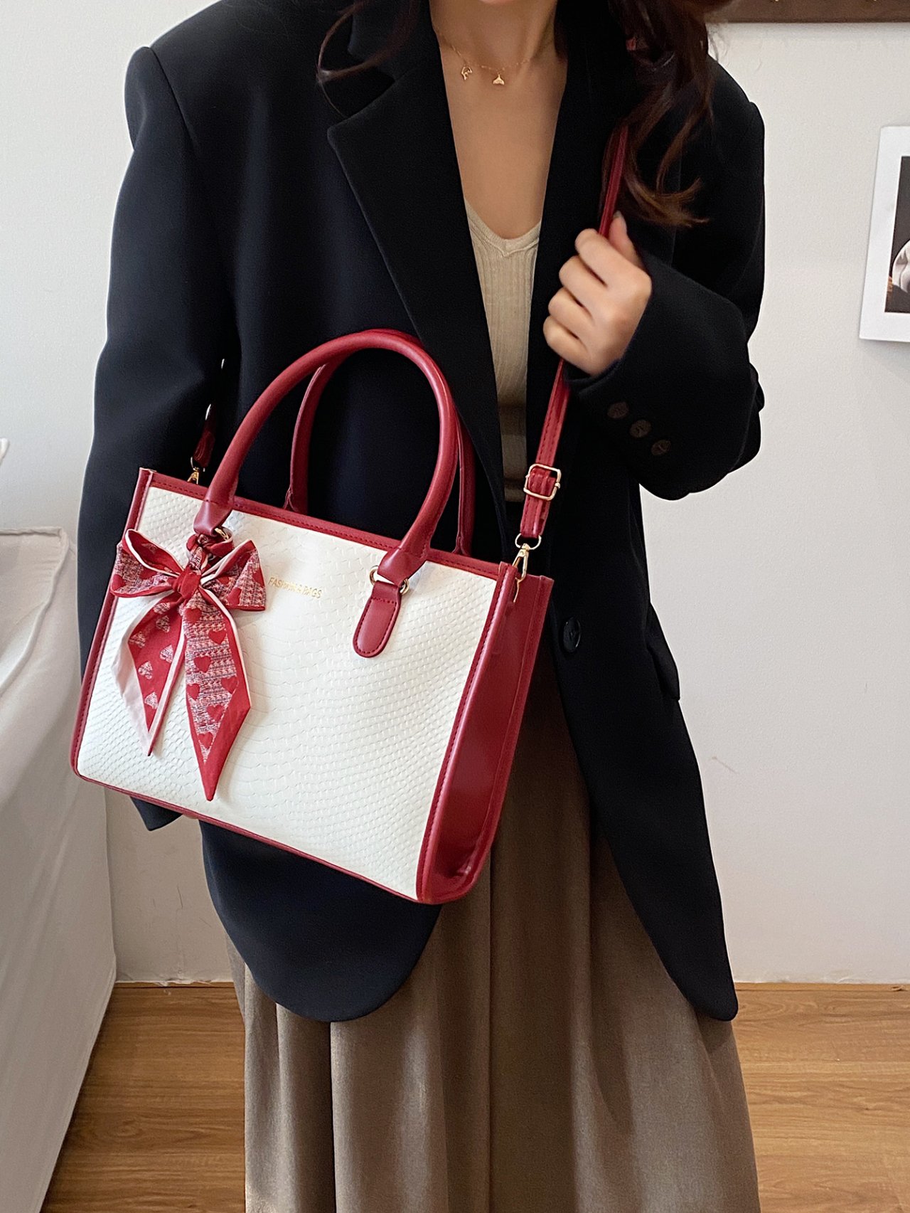 Red Croc-Embossed Crossbody Bag with Scarf Accent