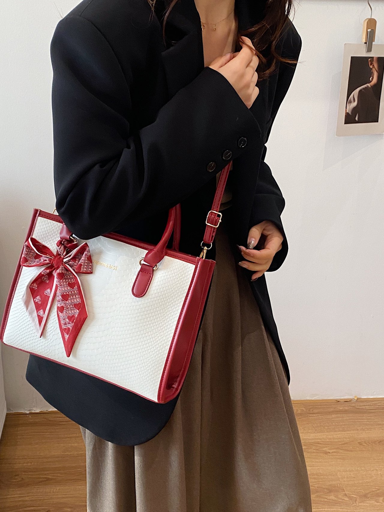 Red Croc-Embossed Crossbody Bag with Scarf Accent