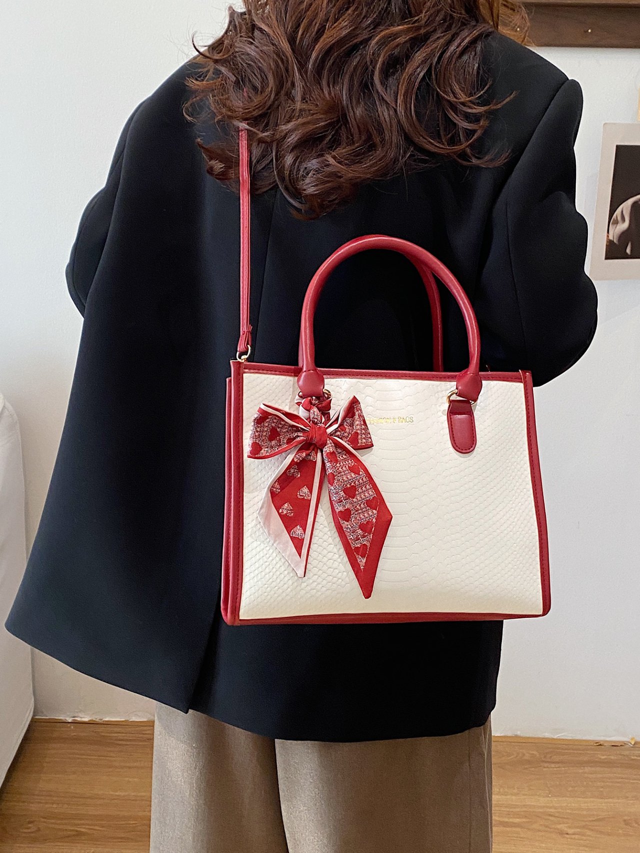 Red Croc-Embossed Crossbody Bag with Scarf Accent