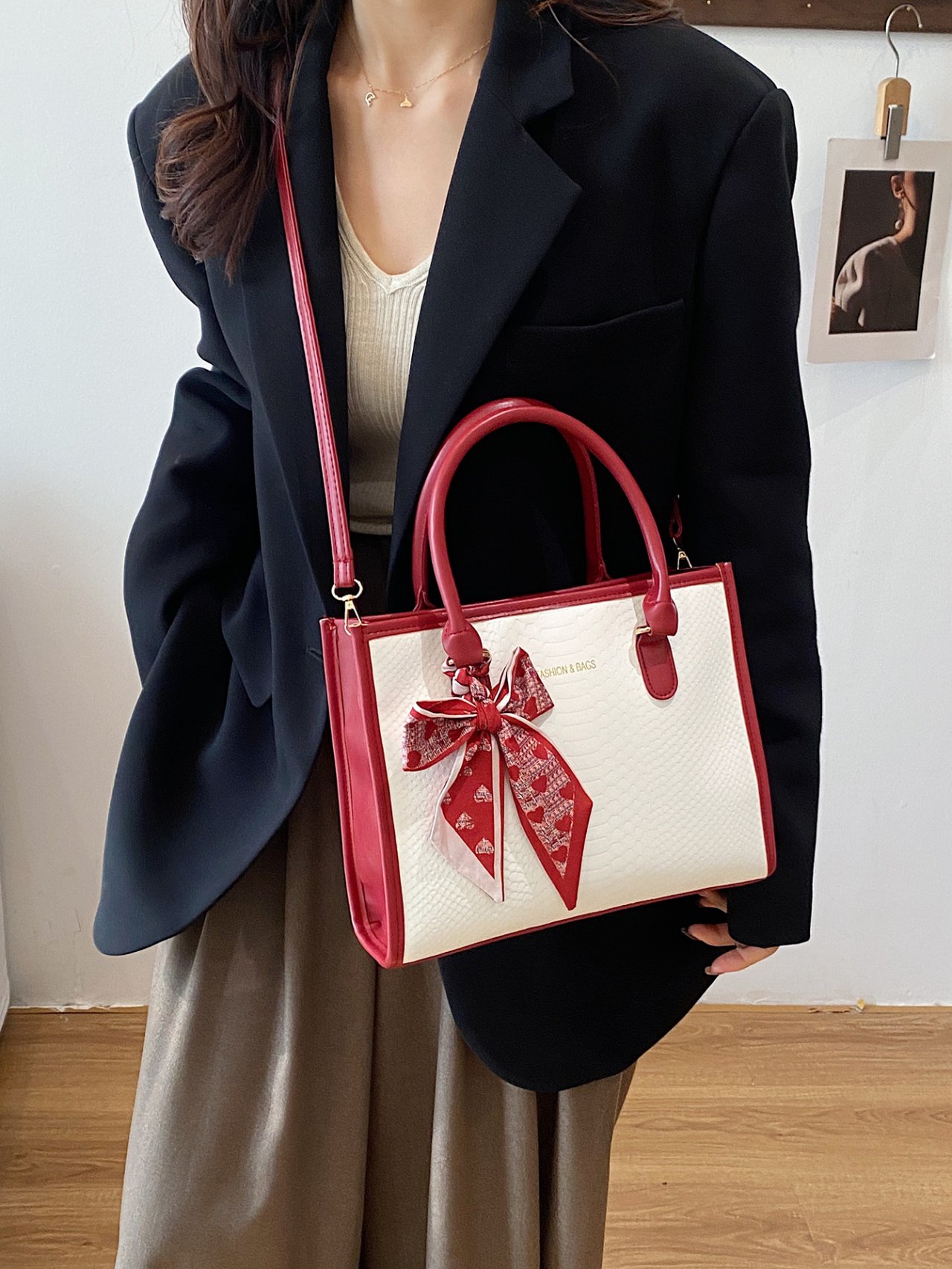 Red Croc-Embossed Crossbody Bag with Scarf Accent