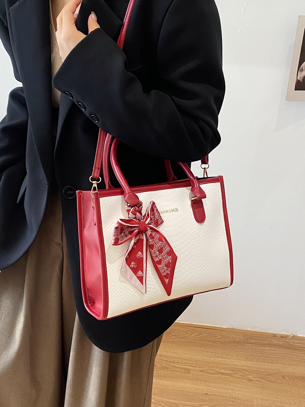 Red Croc-Embossed Crossbody Bag with Scarf Accent