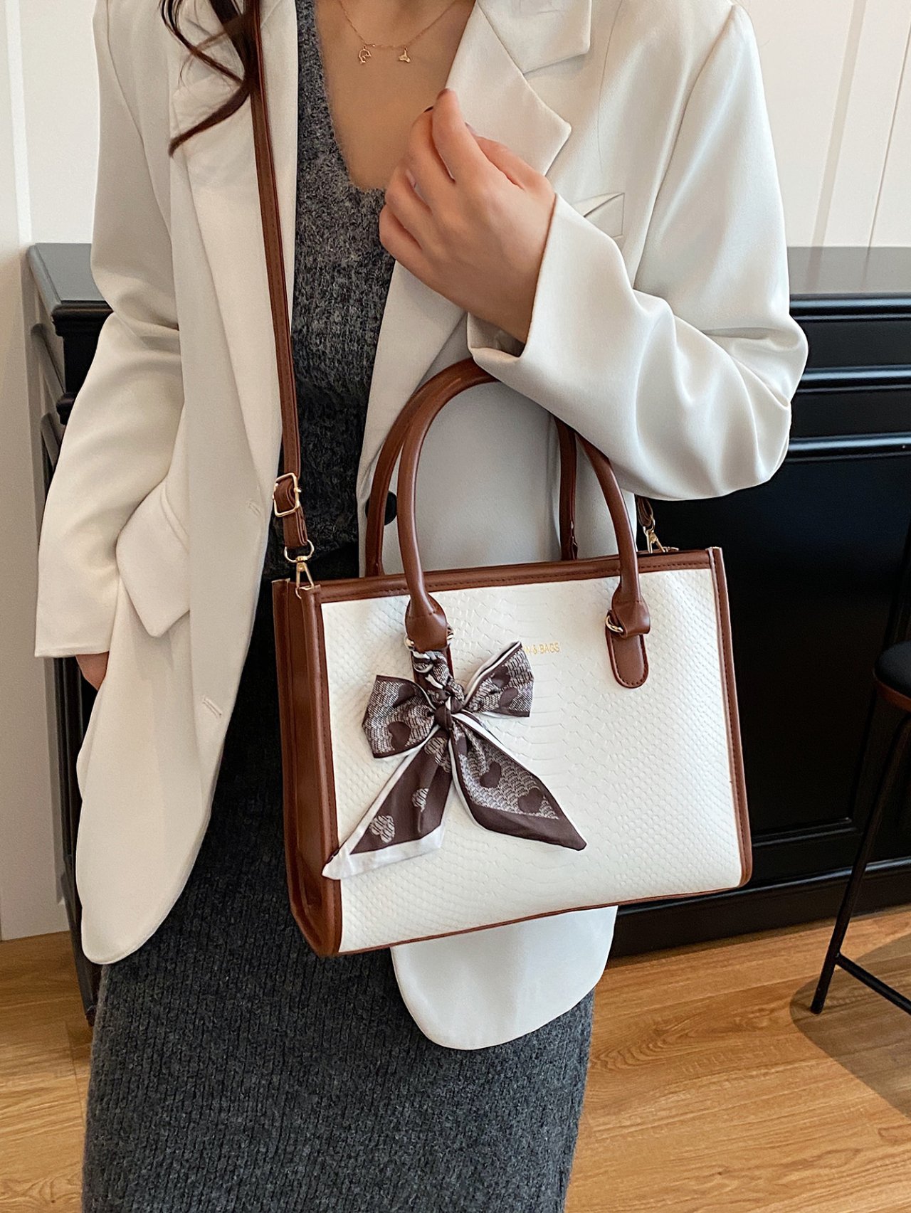 Brown Crossbody Bag with Scarf Accent