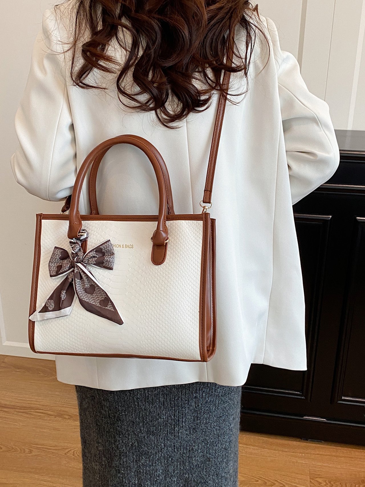 Brown Crossbody Bag with Scarf Accent