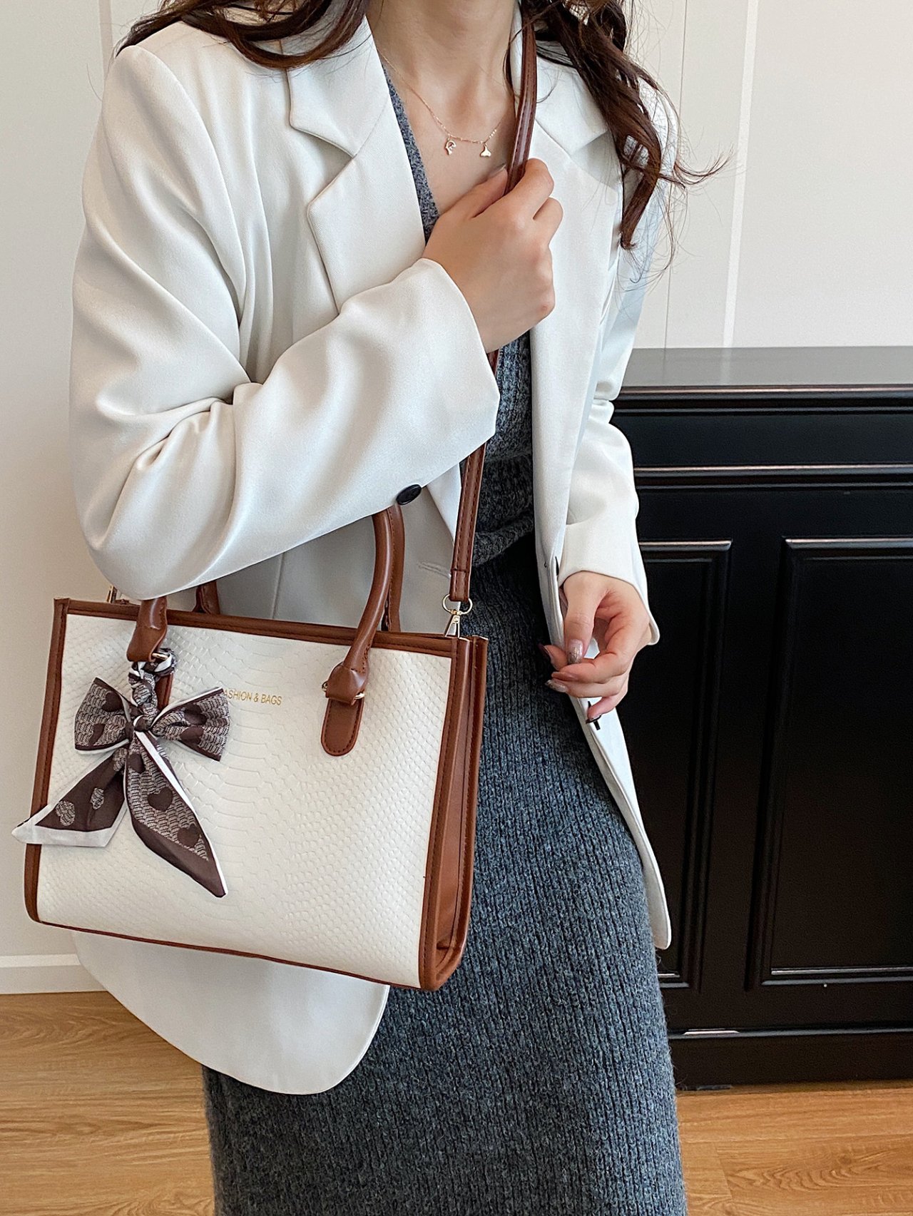 Brown Crossbody Bag with Scarf Accent